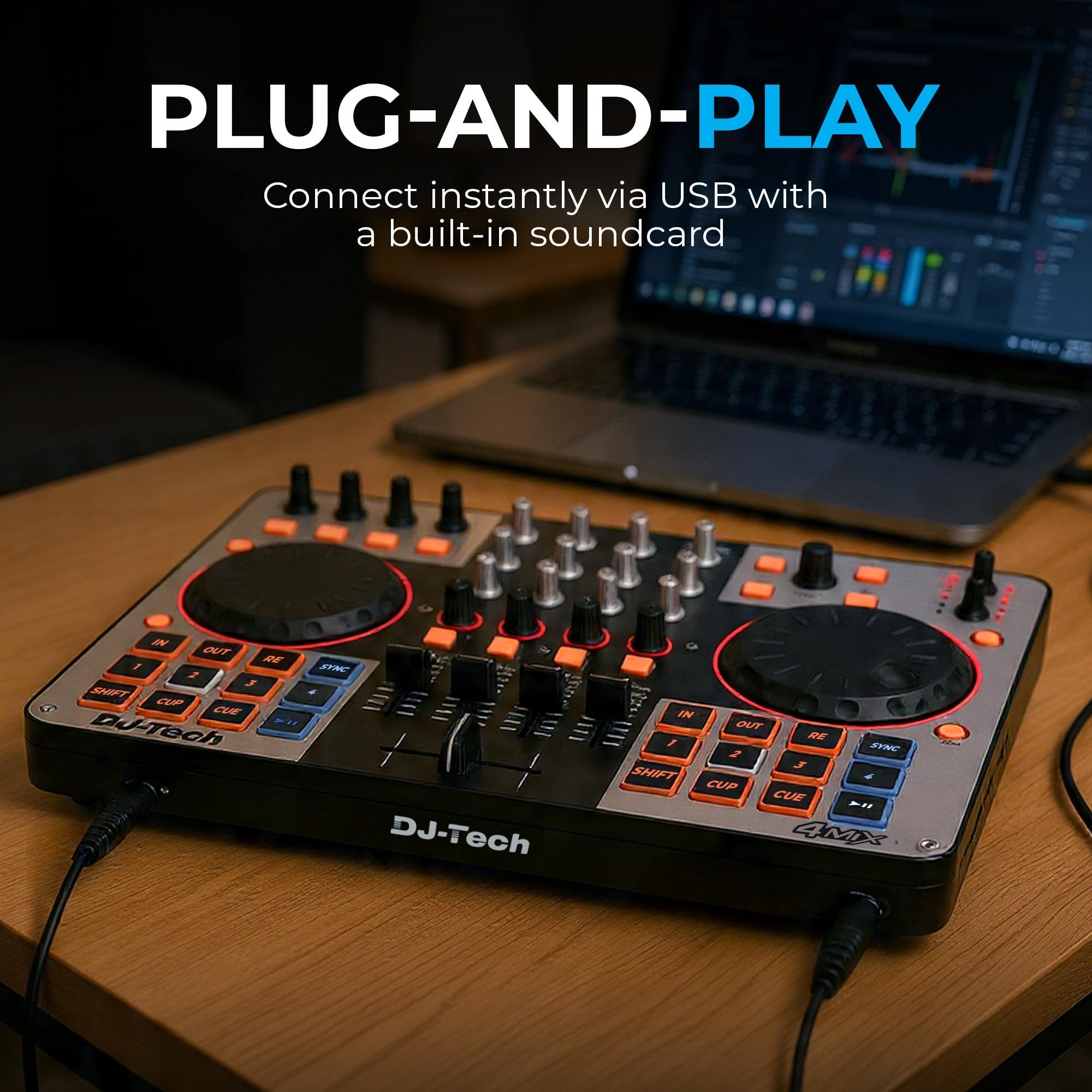 DJ Tech DJ Controller, USB MIDI 4-Deck Control with Integrated Soundcard, 4-Channel Mixer with EQ & Filters, Illuminated Performance Pads, FX Controls, Deck Select Buttons, VirtualDJ LE Included