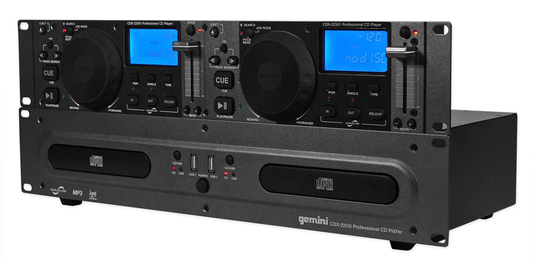 Gemini Sound CDX-2250i Dual Rack Mountable Professional Audio Pitch Control DJ Equipment Multimedia CD Media Player with Audio CD, CD-R, and MP3 Compatible with USB Input