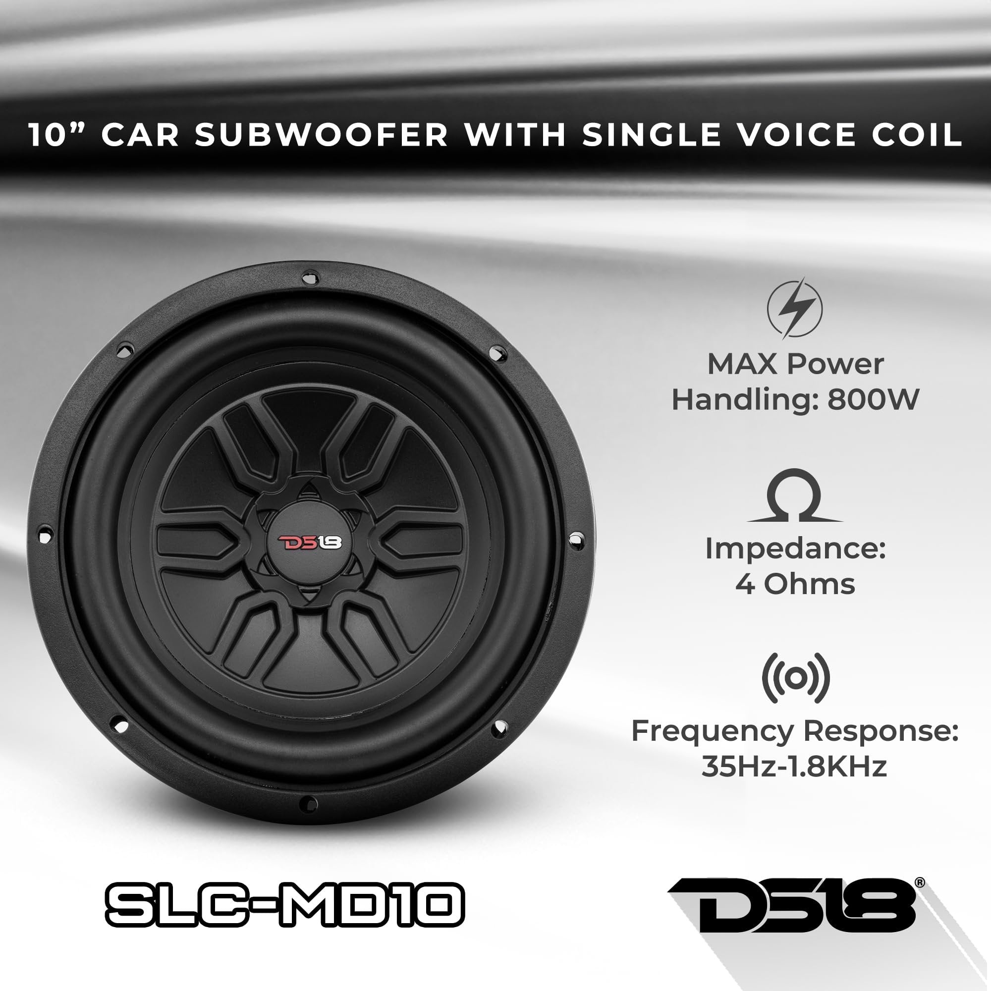 DS18 SLC-MD10 Car Subwoofer Audio Speaker - 10" in. Polypropylene Cone, Black Steel Basket, Dual Voice Coil 4 Ohm Impedance, 800W Max Power and 200W Rms Power, for Vehicle Stereo Sound (1 Speaker)
