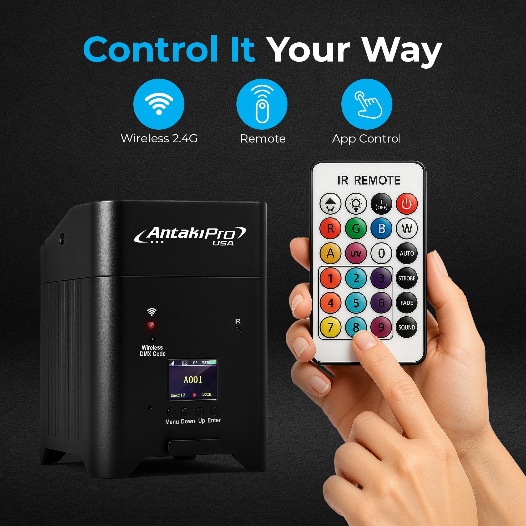 ANTAKIPRO Portable 6X6 Dynamic Stage Lighting – Wireless Battery LED Par Lights, DJ Lighting, Party Lights with 6x18W RGBWAUV, DMX512, Remote, 15°-40° Lens, 15h Runtime (Black)