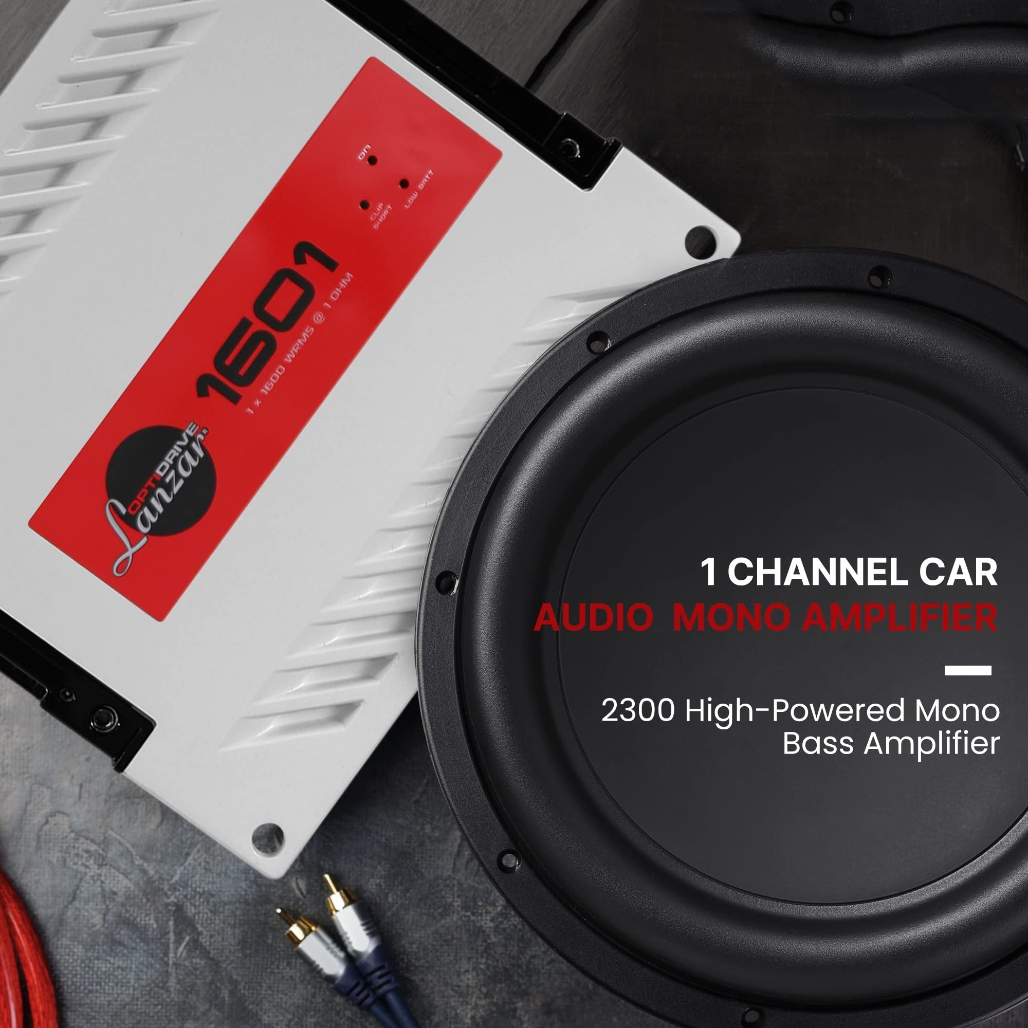 Jovial One Channel Car Audio Mono Amplifier, 2300 Watt Max @ 1 Ohm High-Powered Mono Car Amplifier with with Bass Boost High Pass Filter and Low Pass Filter, Cooling Fans, White