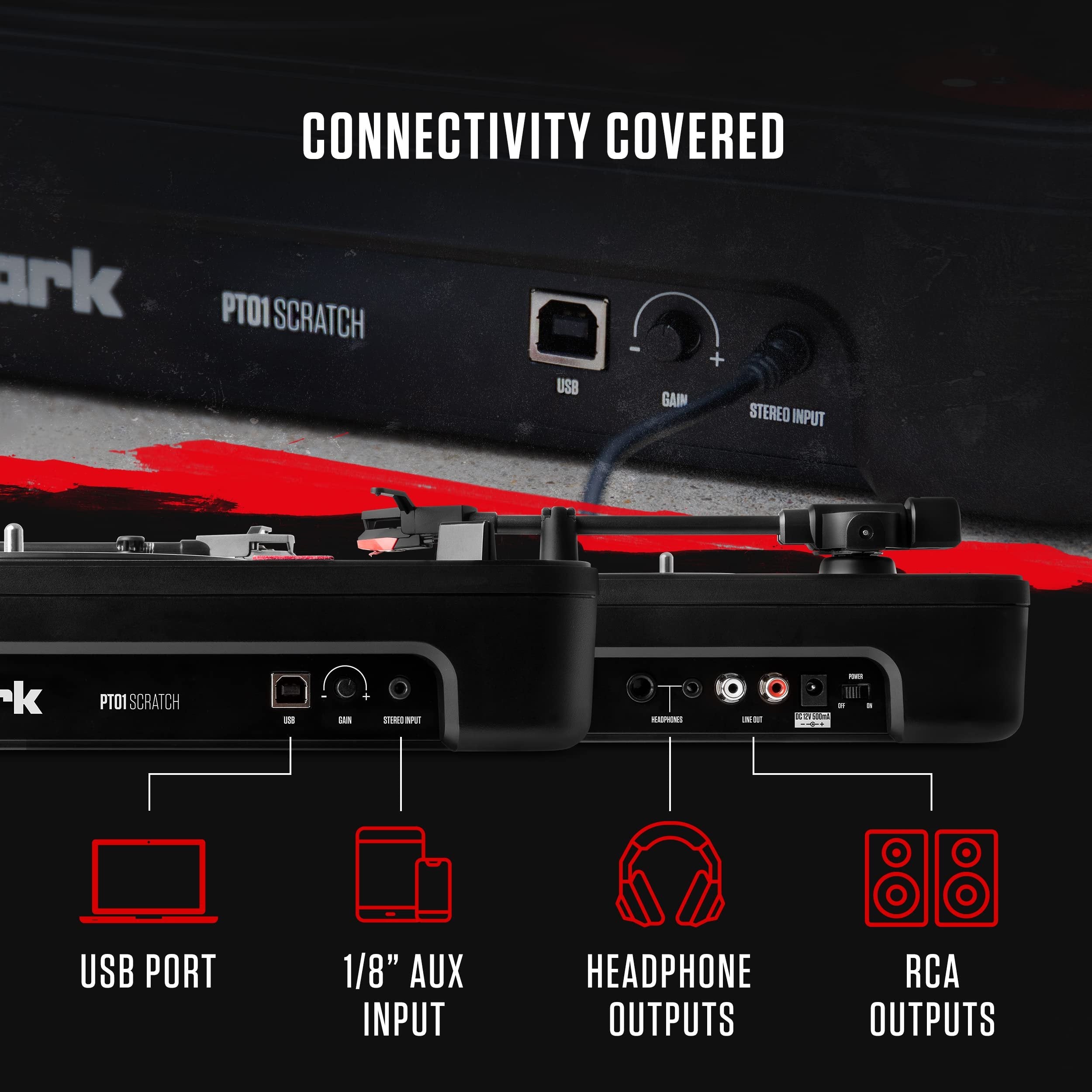 Numark PT01 Scratch | DJ Turntable for Portablists With User Replaceable Scratch Switch, Built In Speaker, Power via Battery or AC Adapter, Three Speed RPM Selection & USB Connectivity