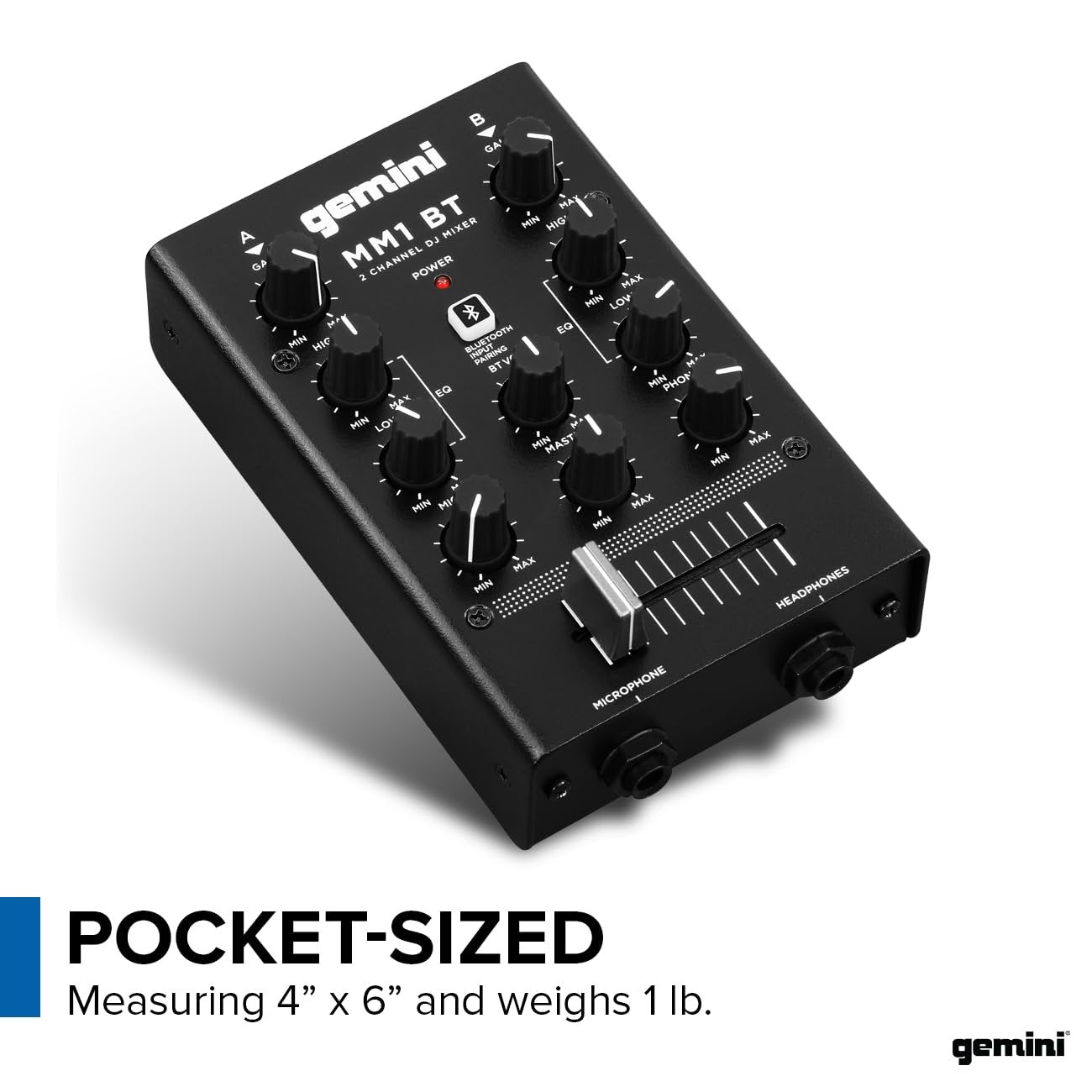 Gemini Sound MM1BT Bluetooth Professional Audio 2-Channel Dual Mic Input Stereo 2-Band Rotary Compact DJ Podcast Mixer with Cross-Fader and Individual Gain Control