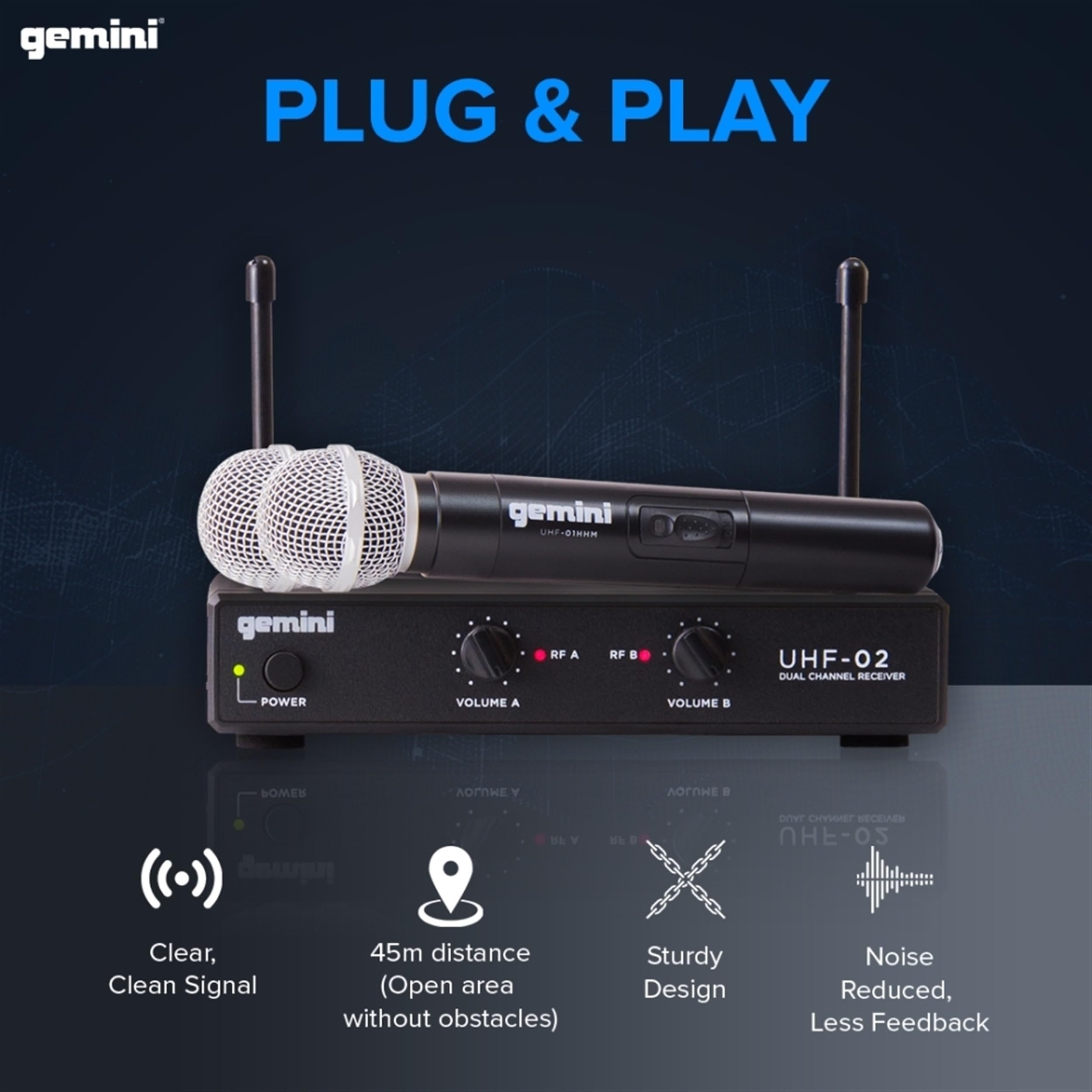 Gemini UHF-02 S34 Wireless Microphone System - Channels 3 & 4 - Versatile Cordless Mics for Podcasting and Events