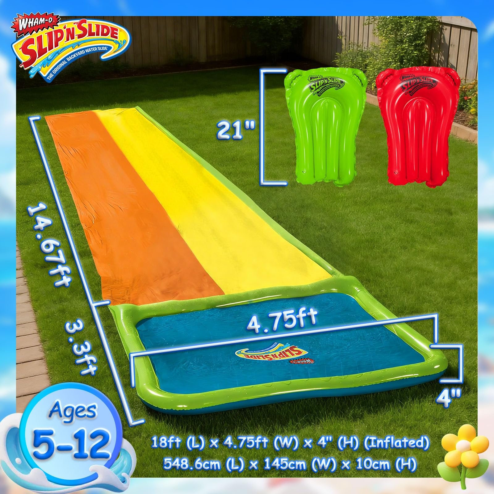 Wham-O Slip N Slide 18ft Lawn Water Slides for Kids, Heavy Duty Slip Slides with Bodyboards for Backyard Park Water Parties Summer Outdoor Activities