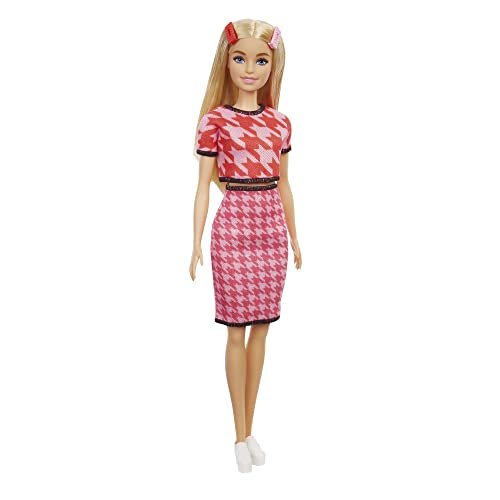 Barbie Fashionistas Doll #169 with Long Blonde Hair, Houndstooth Crop Top & Skirt & Accessories Including Platform Shoes & 2 Barrettes