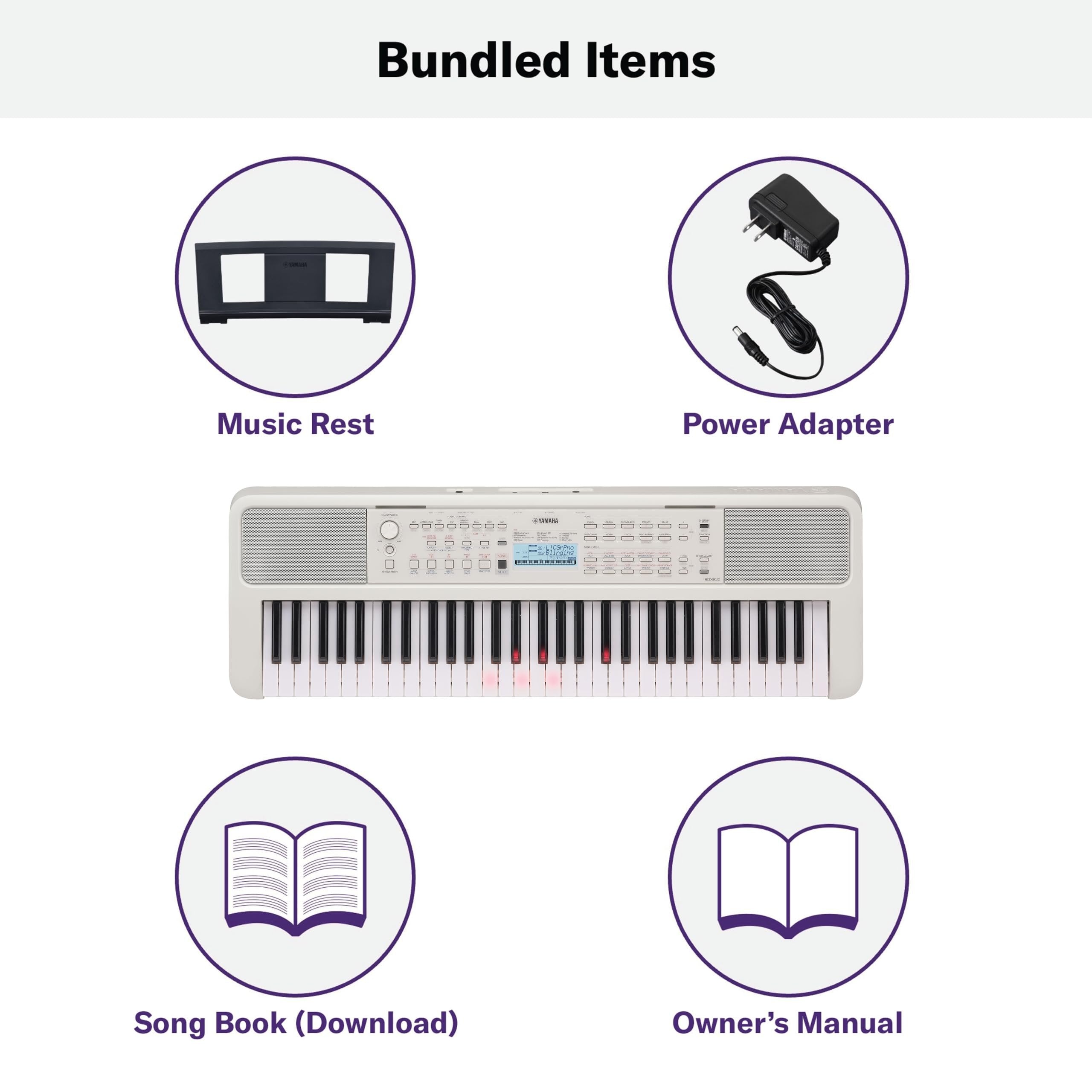 Yamaha EZ-310 61 Key Portable Keyboard with Lighted Keys with Music Rest, Power Adapter