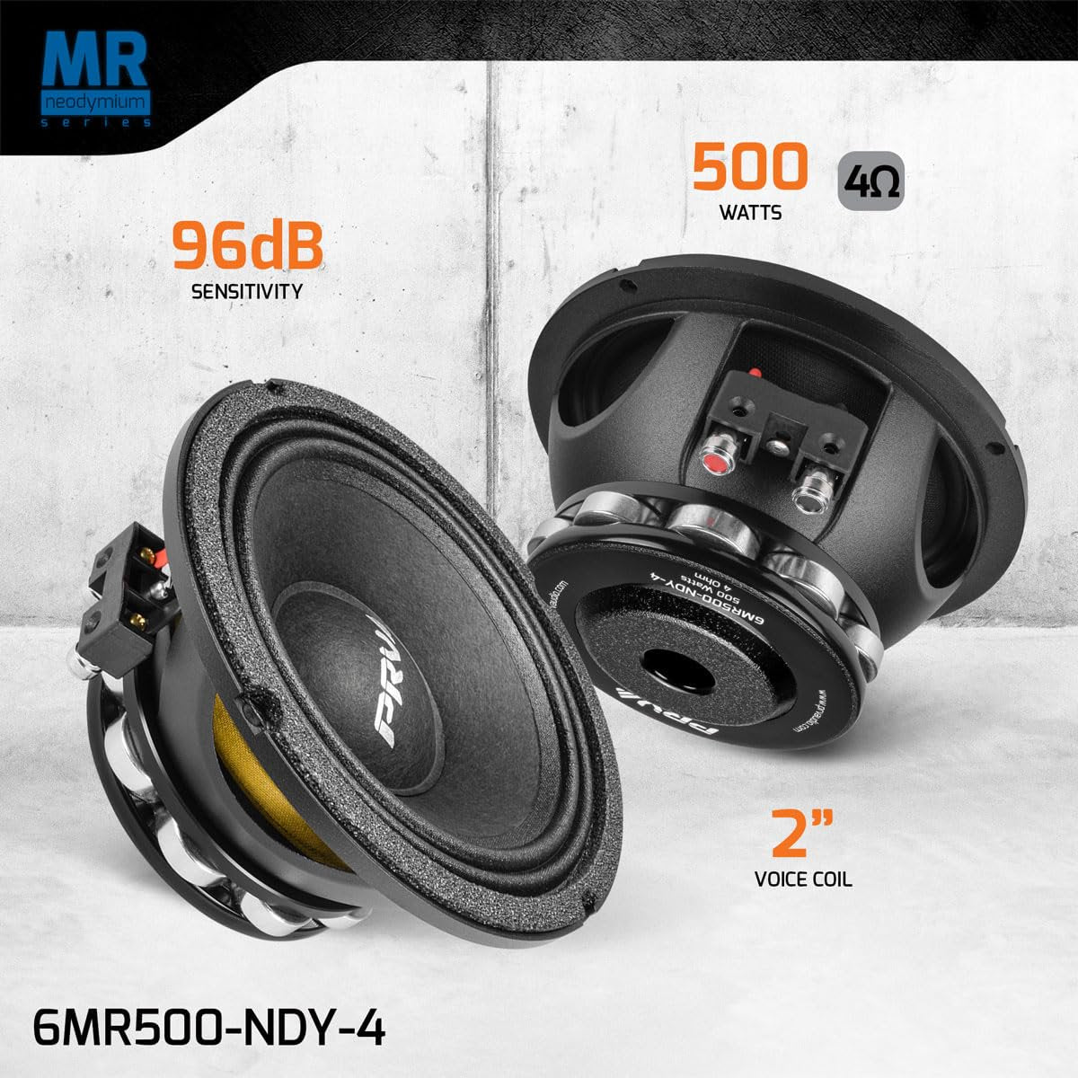 PRV AUDIO 6.5 Inch Midrange Speaker 6MR500-NDY-4 500 Watts 4 Ohm Neodymium Magnet, High Output Loudspeaker for Car Audio & Motorcycle (Single)