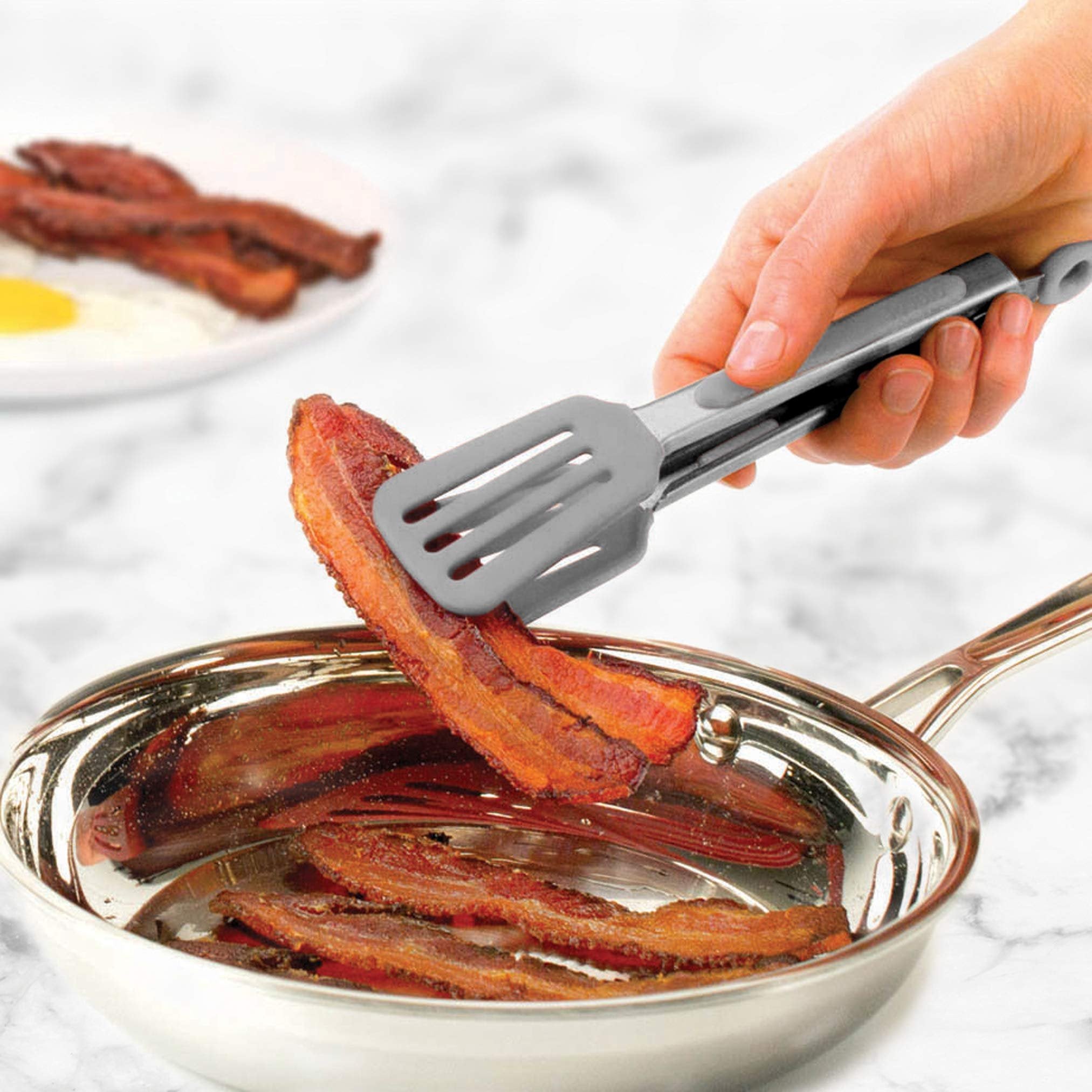 Tovolo Mini Turner Tongs, Flat Head, Easy-Lock Mechanism, Non-Slip Grip, Silicone Tongs for Cooking & Grilling, BPA-Free & Dishwasher Safe Silicone Cooking Utensils, Oyster Gray