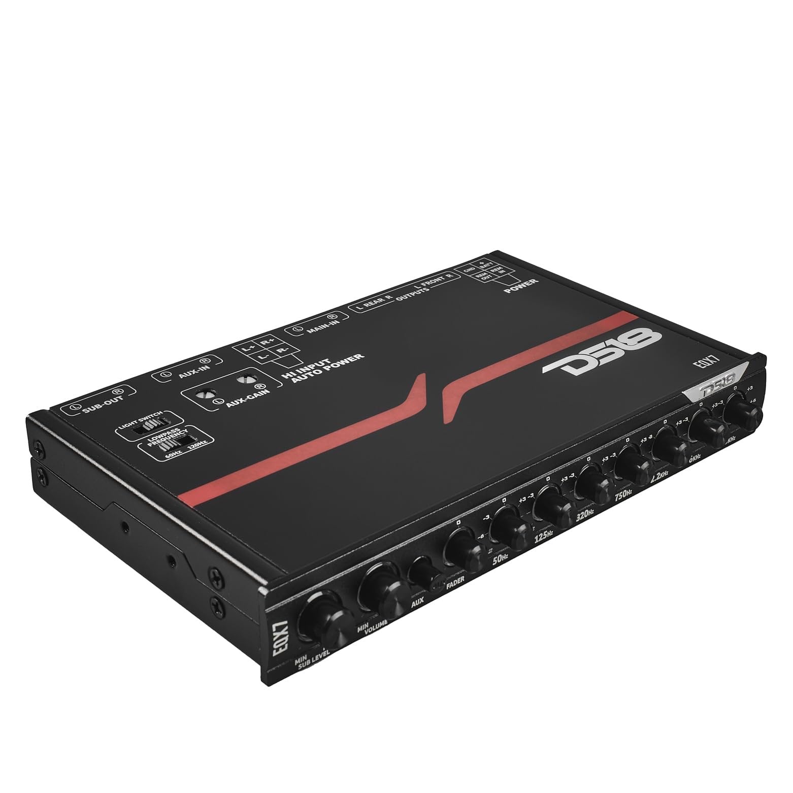 DS18 EQX7 Equalizer 7 Bands with auto Hi/Lo line Selector, Two Rear inputs (Main and Aux), 8 Volts Front, Rear and Sub Output