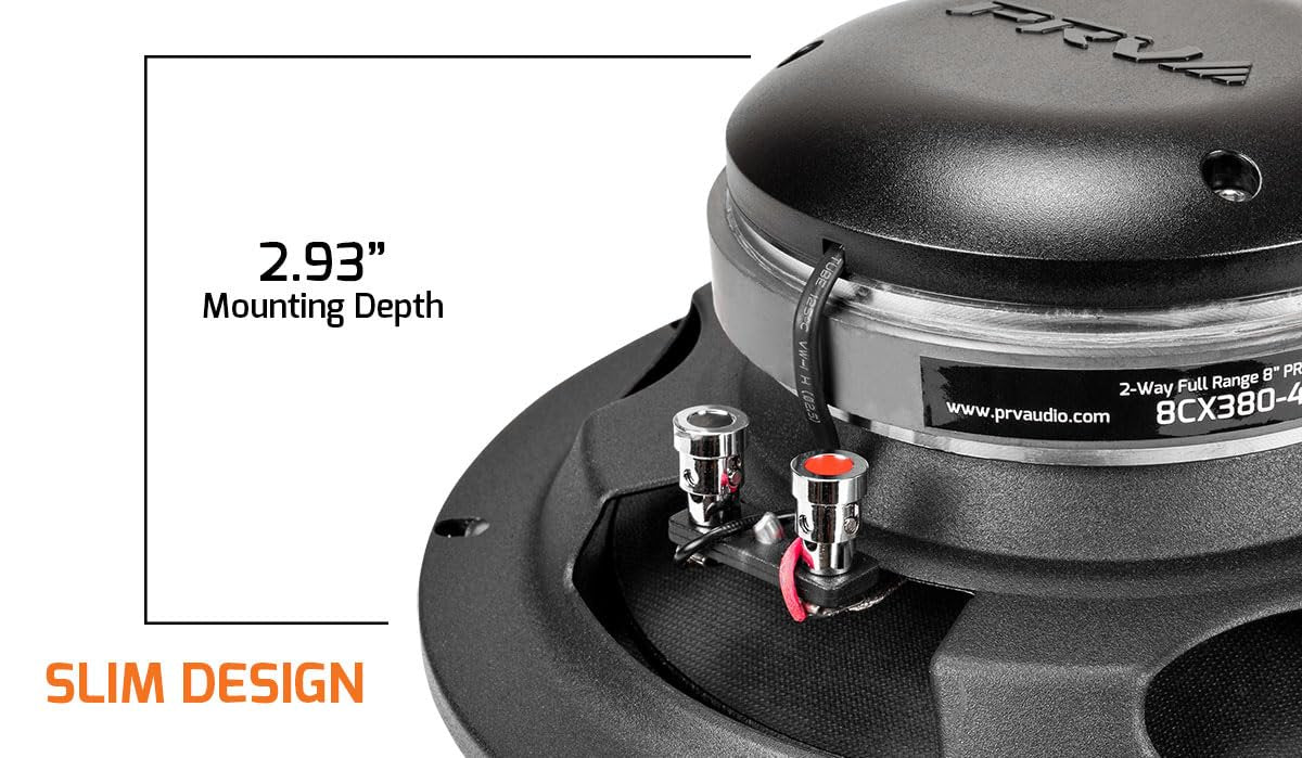 PRV AUDIO 8" Shallow Coaxial Car Audio Speaker 8CX380-4 Slim Loudspeaker with Built-in Tweeter Driver and Grill Included 380 Watts 4 Ohm (Single)