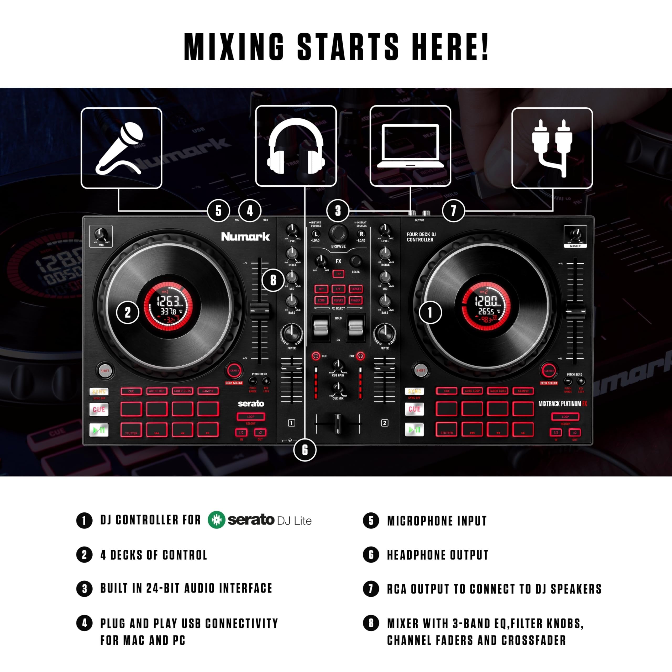 Numark Mixtrack Platinum FX Serato DJ Controller with Jog Wheel Displays, 4 Decks, Mixer, Effects Paddles and (Audio Interface)