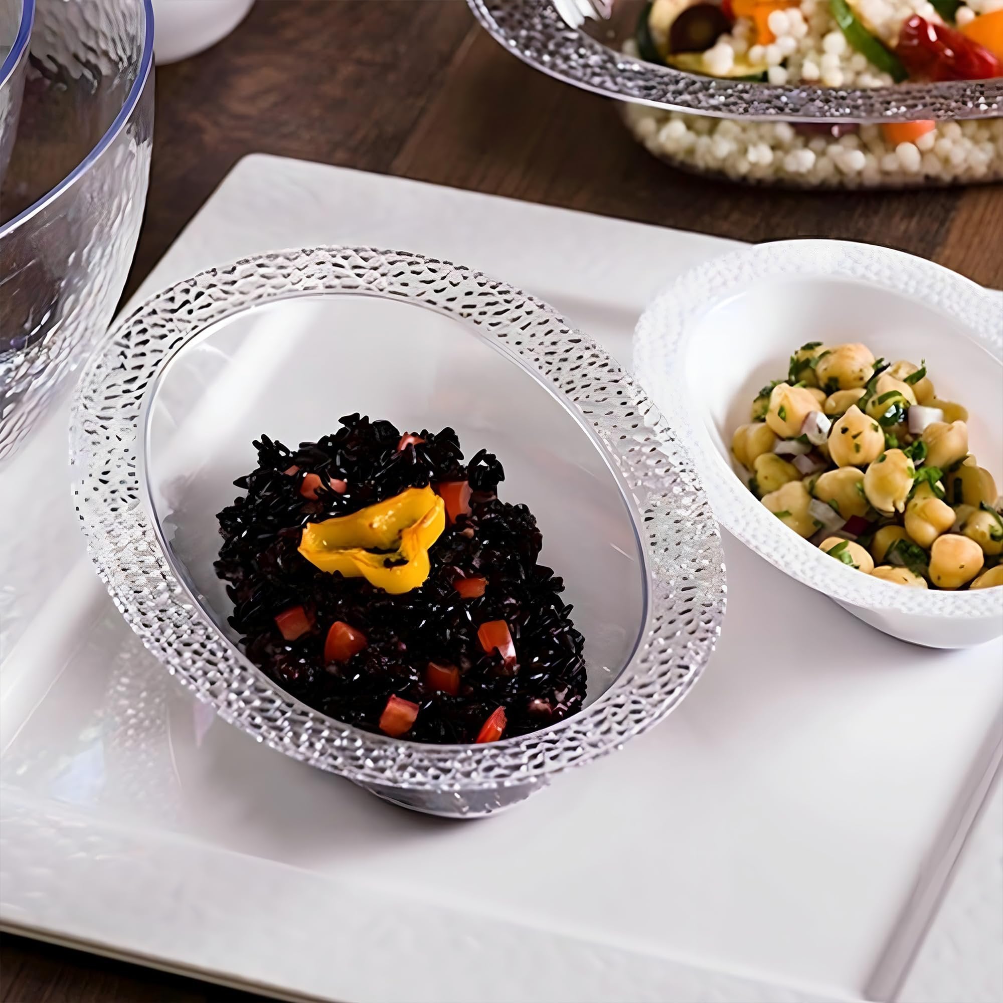 Kingzak Lillian Collection Pebbled Premium Plastic Oval Soup Bowls - 15 oz. (10 Pack) - Perfect for Parties, Weddings & Events - Pearl
