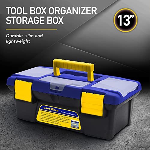 GOODYEAR - 13 Inch Small Tool Box with [Removable Side Comportment], Plastic Box with Handle, Tool Organizer Storage Box, Removable Inner Tray, Lightweight & Easy to Carry, Mini Toolbox