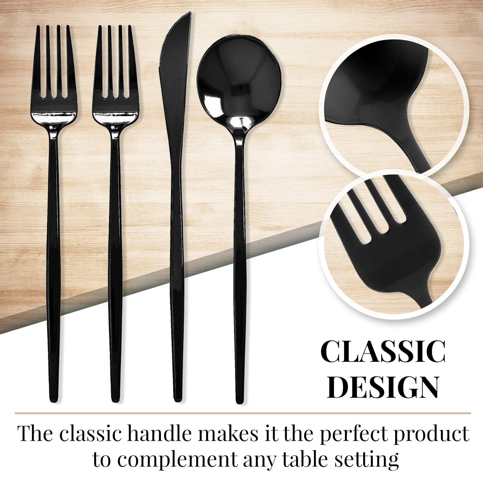 SILVER SPOONS Black Disposable Flatware (80 PC) Heavy Duty Plastic Silverware Set, Includes: 40 Salad Forks, 20 Soup Spoons and 20 Dinner Knives, Disposable Silverware for Celebrations & Events