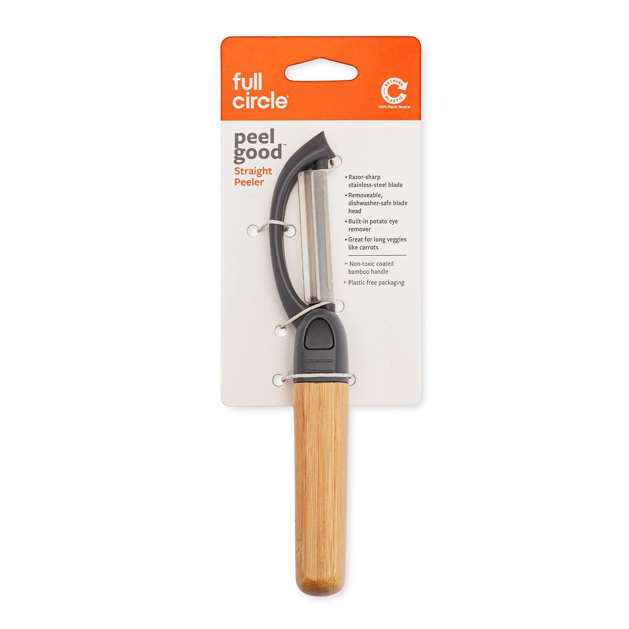 Full Circle Peel Good Collection Straight Peeler – Bamboo and Stainless Steel Fruit and Vegetable Peeler – Removable Swivel Head - Kitchen Tool for Carrots, Apples, Potatoes and More