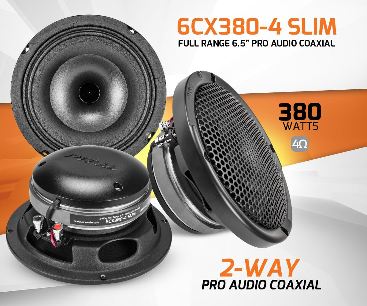 PRV AUDIO 6.5" Shallow Coaxial Car Audio Speaker 6CX380-4 Slim Loudspeaker with Built-in Tweeter Driver and Grill Included 380 Watts 4 Ohm (Single)