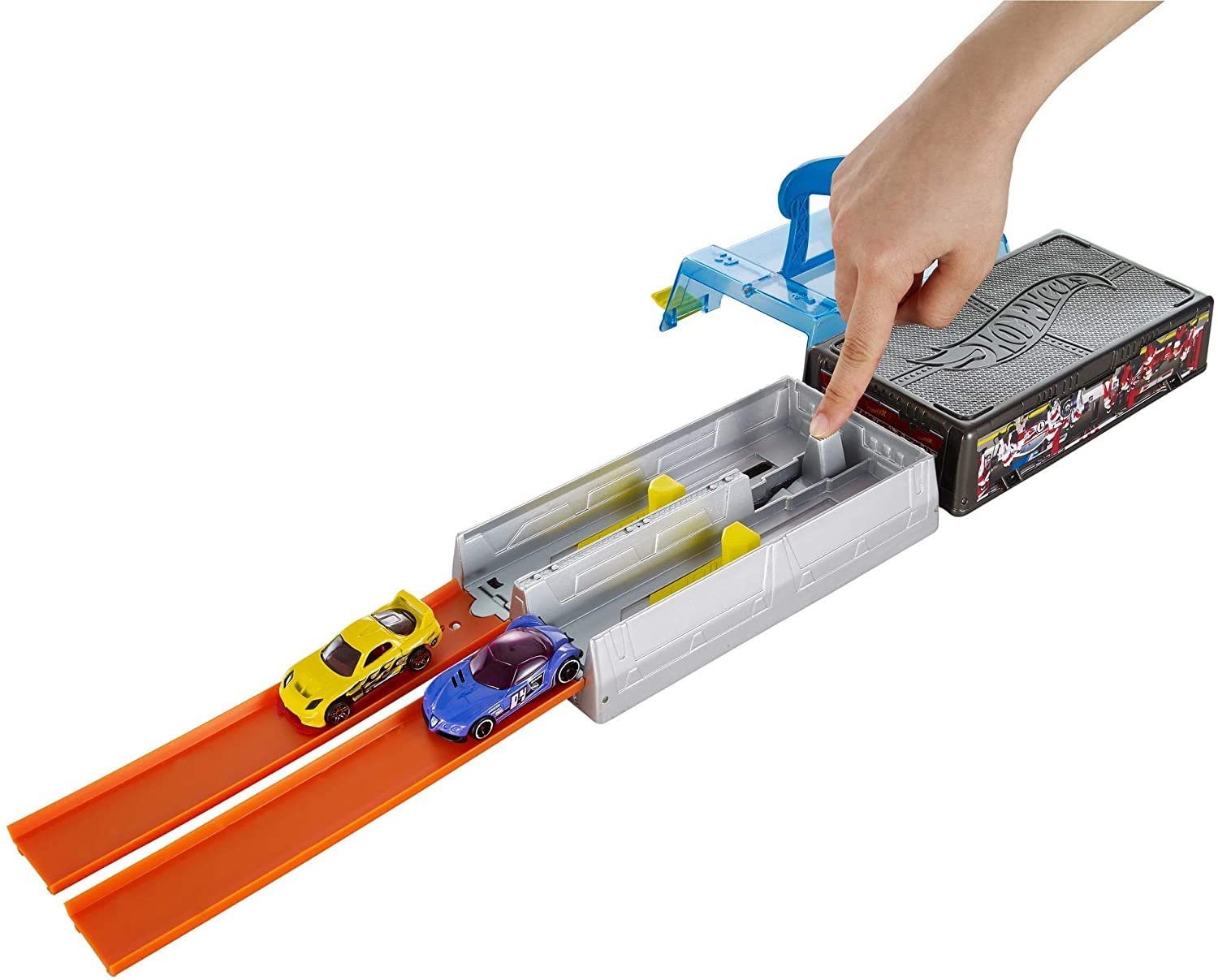 Hot Wheels Toy Cars & Track Set, Race Case Playset with 2 Vehicles in 1:64 Scale, Dual Launcher for Side-By-Side Racing & Portable Storage Container