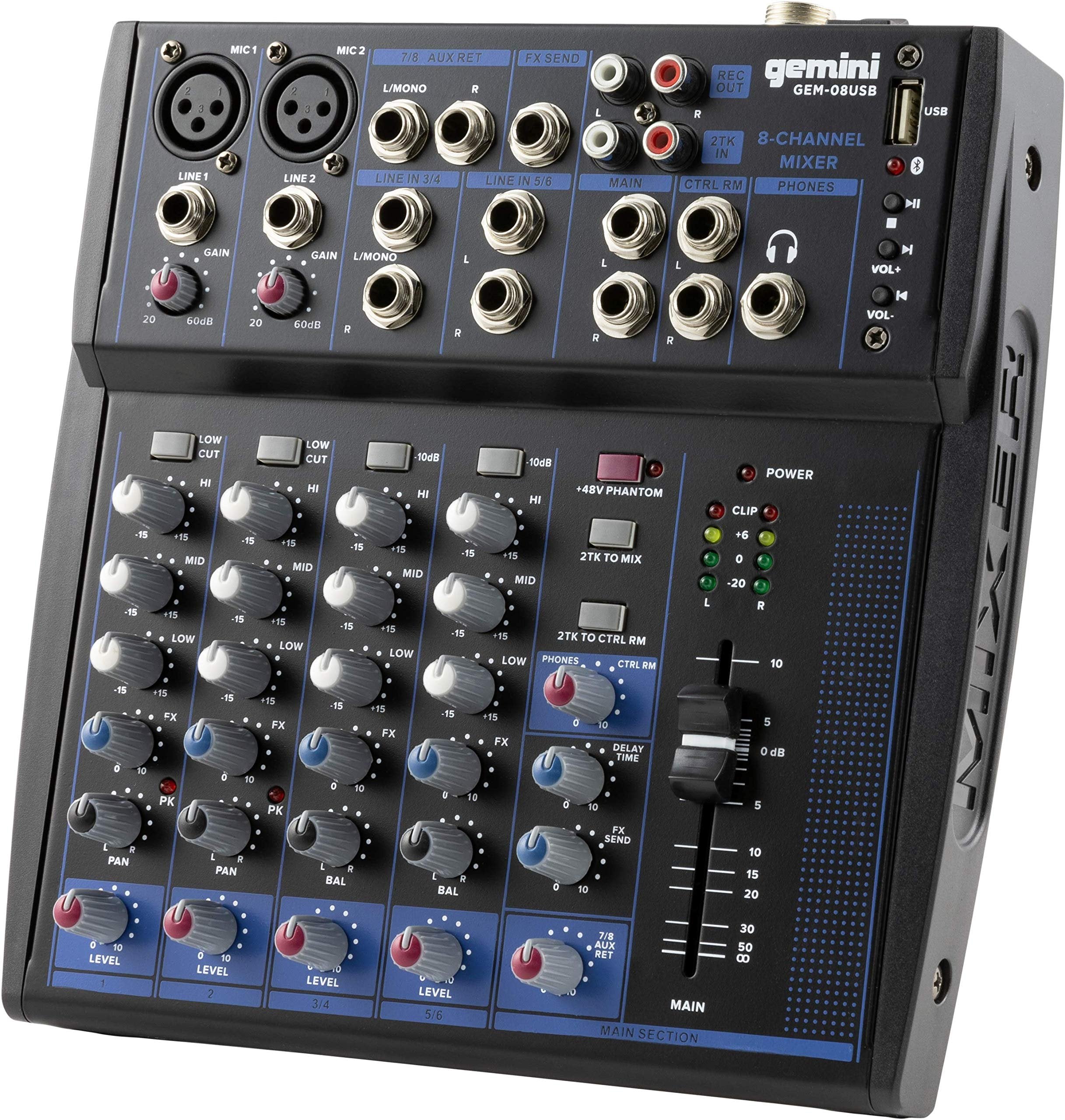 Gemini Sound GEM-08USB - 8-Channel Bluetooth Audio Mixer, Professional Compact DJ Mixer with USB Playback, Phantom Power, 3-Band EQ, and Adjustable FX