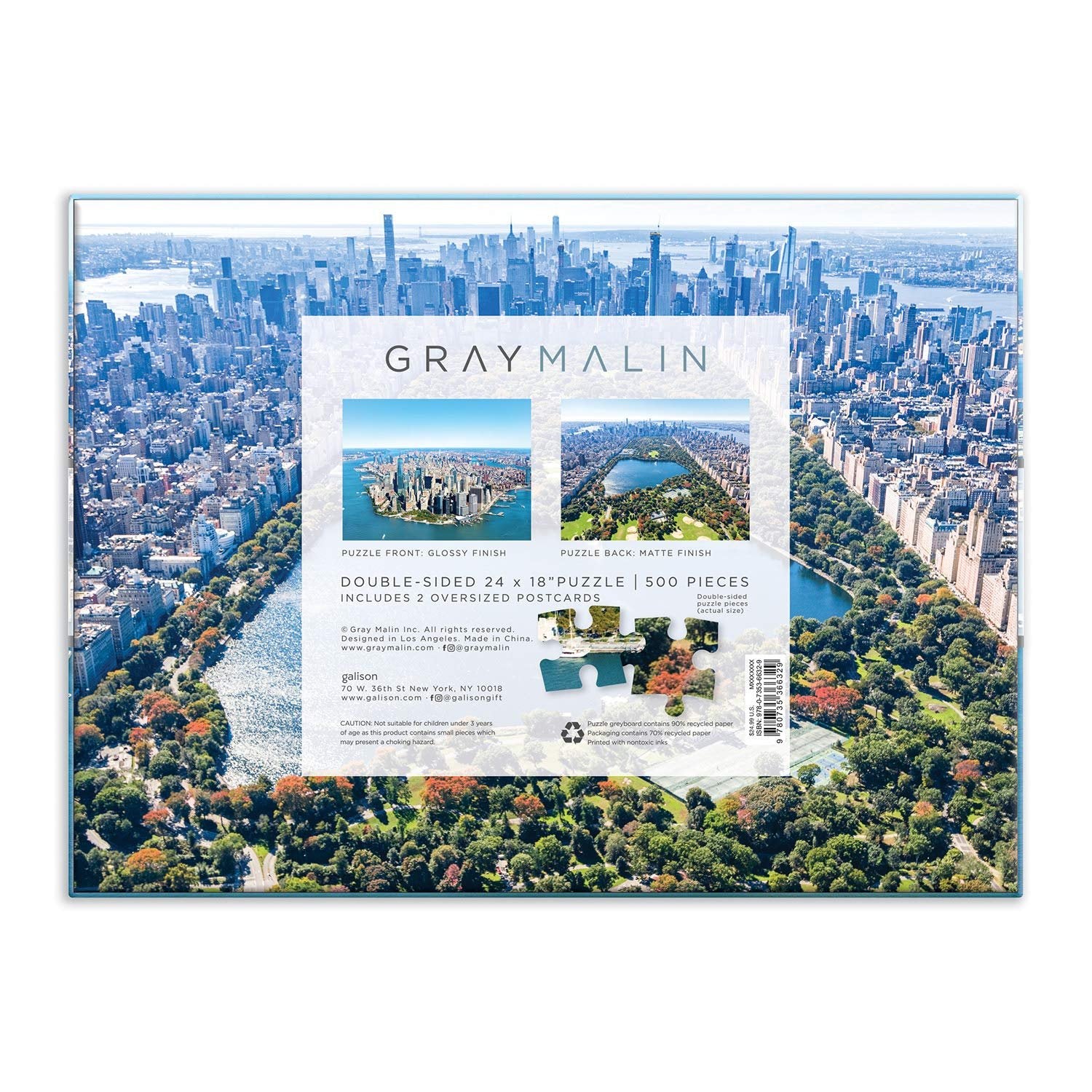 Galison Gray Malin New York City 500 Piece Double Sided Puzzle from Galison - Featuring Malin's Aerial Photography Over Manhattan and Iconic Central Park, 24" x 18", Includes 2 Postcards