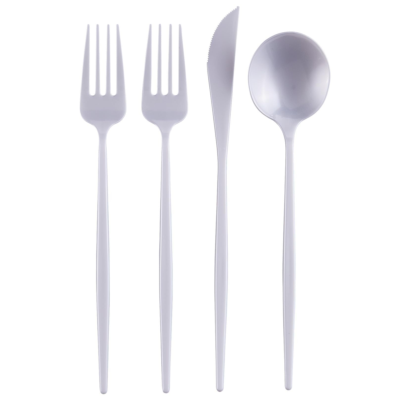 SILVER SPOONS Pearl Disposable Cutlery (80 PC) Heavy Duty Plastic Silverware Set, Includes: 40 Salad Forks, 20 Soup Spoons and 20 Dinner Knives, Disposable Flatware for Upscale Wedding and Dining