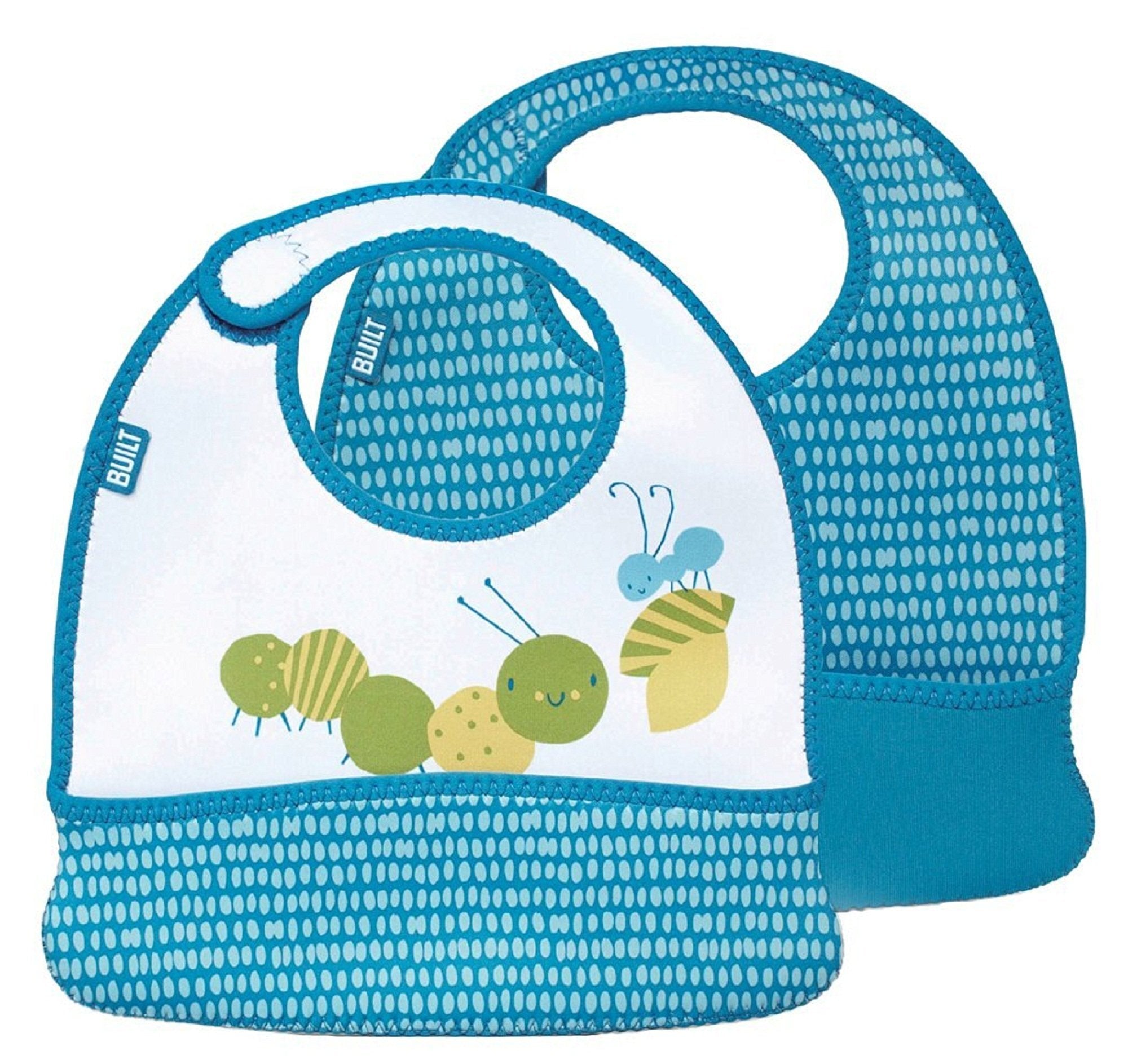 Built 2-Piece Mess Mate Toddler Bibs With Pockets - Blue Dots, Caterpillar