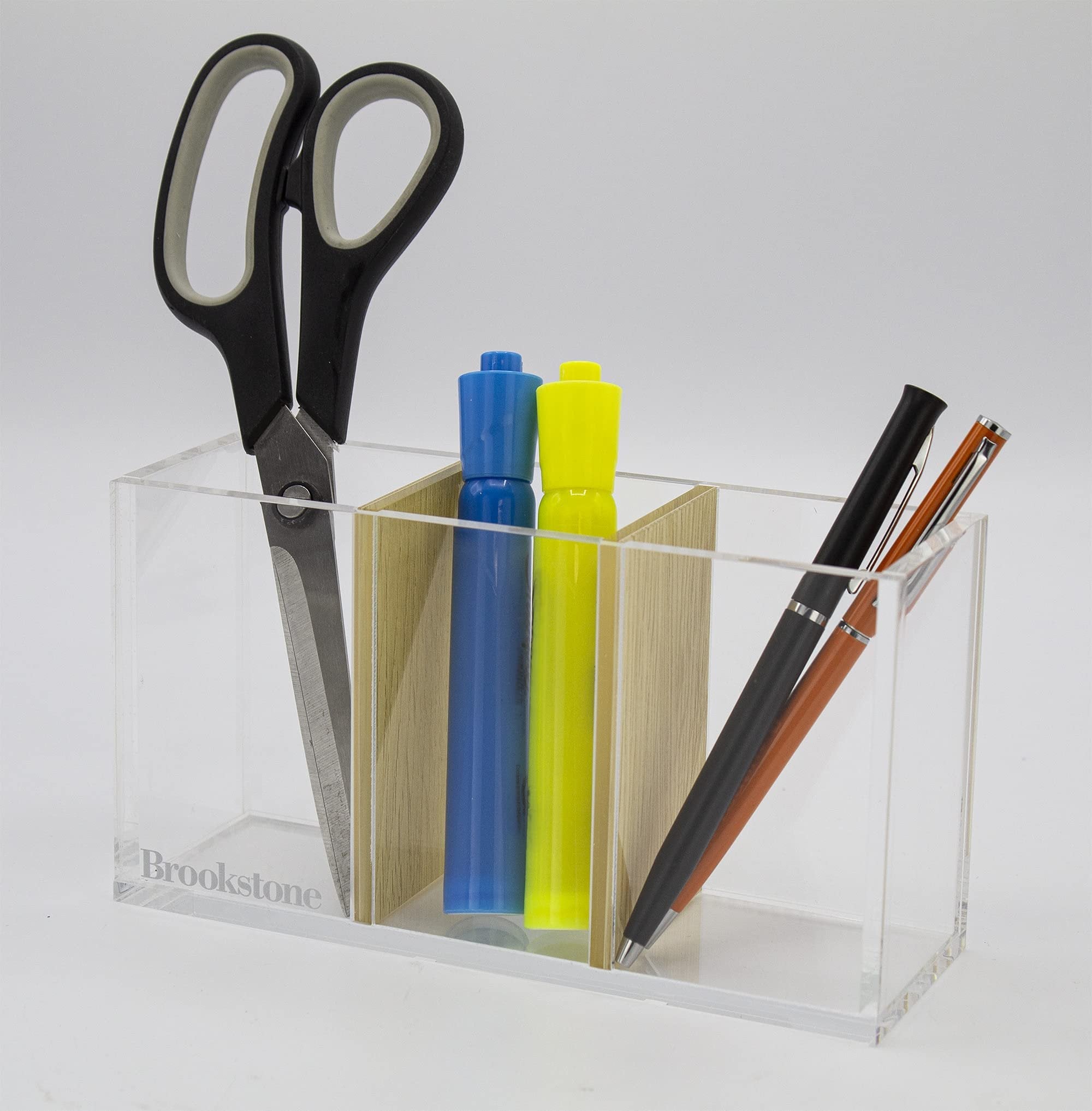 BROOKSTONE, Acrylic Organizer with Removable Dividers for Office Desk or Makeup Stationary, Modern Design