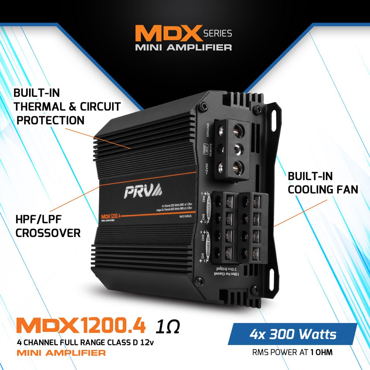 PRV Audio MDX1200.4 1 Ohm Mini 4 Channel Car Audio Amplifier 4 x 300 Watts RMS at 1 Ohm - 1200 Watt 12 Volts Bridgeable Amp for Powersports, Motorcycles, ATV, for High Power Stereo Speaker Systems