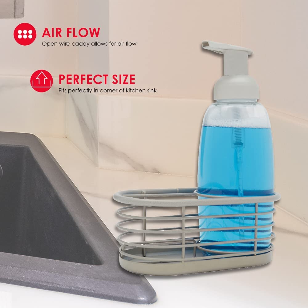 13.5 oz Capacity Refillable Plastic Bottle with Open Wire Caddy for Bathroom or Kitchen by Home Basics | Clear Soap Dispenser for Easy Refills | Storage Space for a Sponge