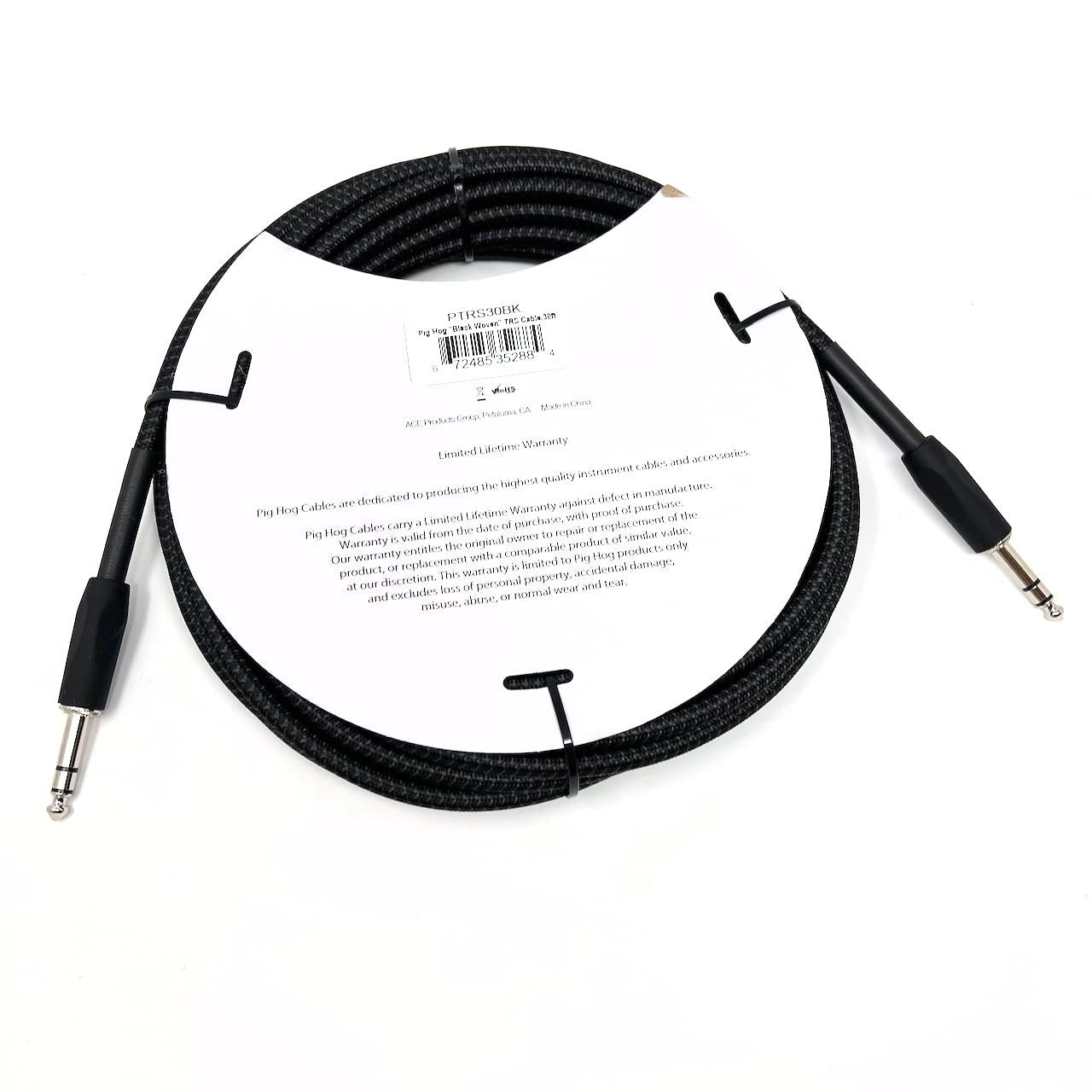 Pig Hog PTRS30BK Vintage Series Black Woven Tour Grade Balanced TRS 1/4" Connectors High Performance Instrument Cable 30-Feet Build for The Road