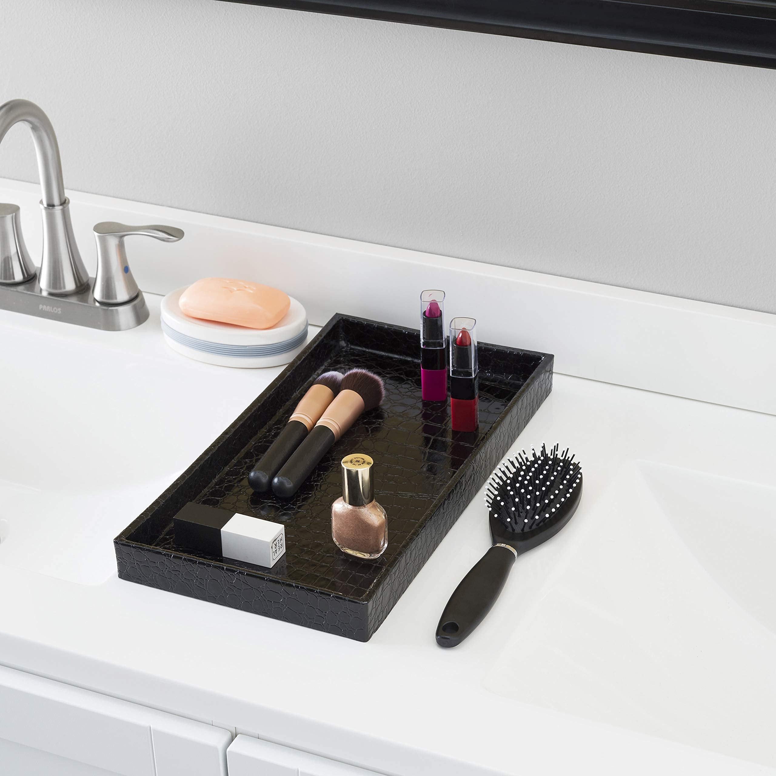 Home Basics Vanity Tray for Makeup, Jewelry, Perfume, Cosmetics Storage, Bathroom Organizer (Horizontal, Crocodile Black)