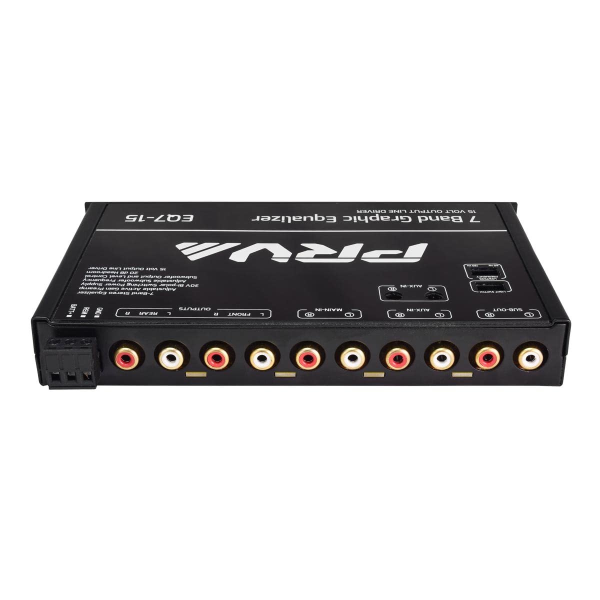 PRV AUDIO EQ7-15 7 Band Graphic Equalizer 15 Volt RCA Line-Level Output with Fader and Subwoofer Level Control for Car Audio