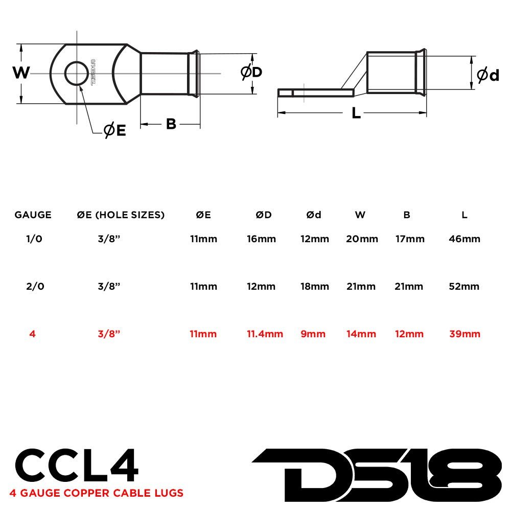 DS18 CCL/4 Heavy Duty Cable 4 Gauge Lugs Battery Cable Bare Copper Eyelets Tubular Ring Terminal Connectors, (10 Pack)