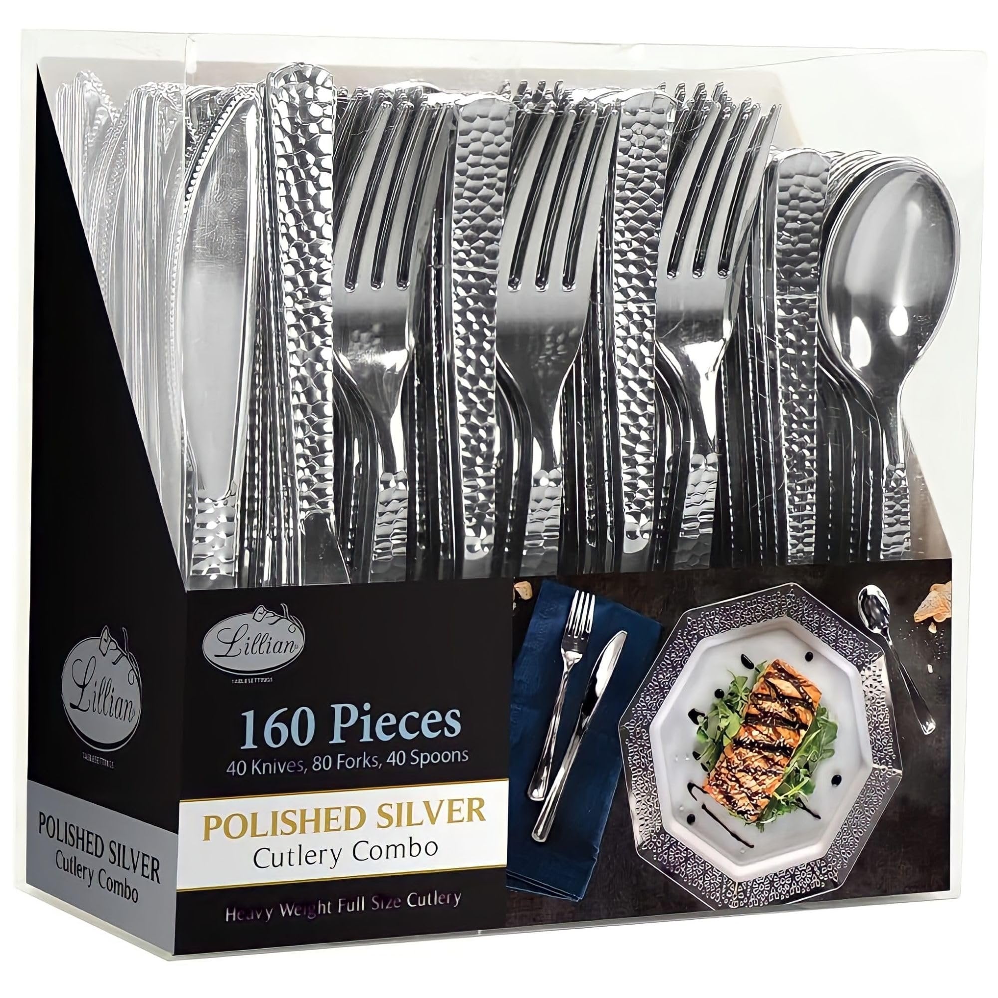 Lillian Collection Plastic Cutlery Combo Box | Silver Pebbled | Pack of 24