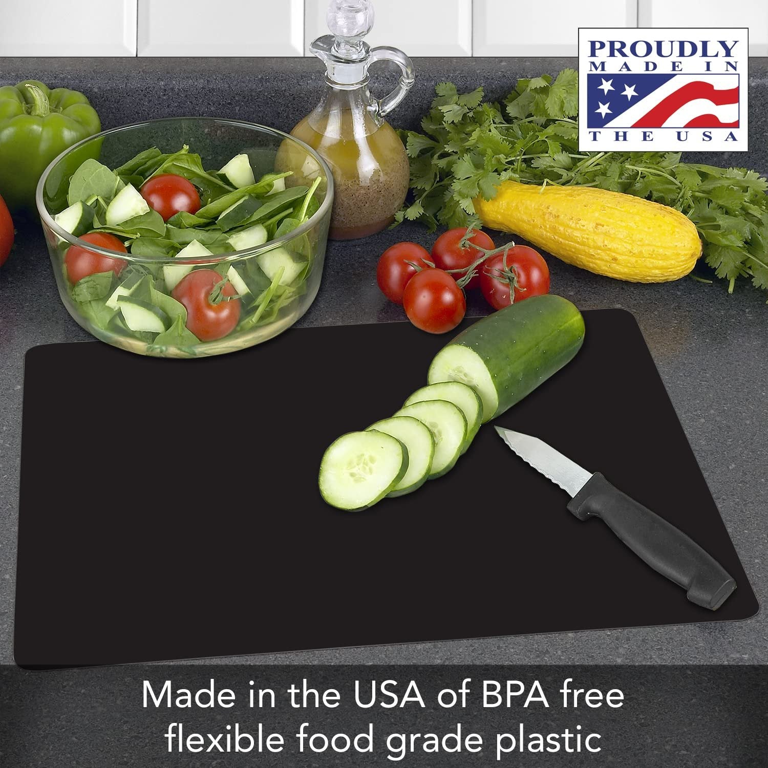 Cut N' Funnel Black Flexible Plastic Cutting Board Mat 2 Pack, 15" x 11.5", Made in the USA, Easily Funnels Foods, Knife Friendly, Easily Wipes Clean