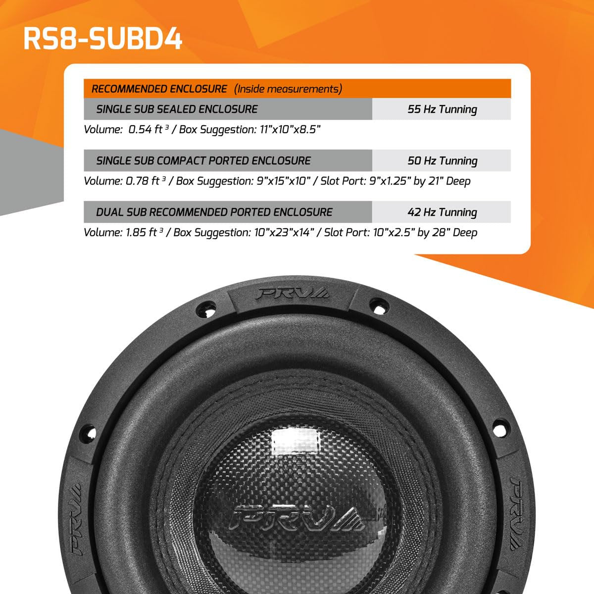 PRV AUDIO 8" Sub D4 1000 Watts Max Power Dual 4 Ohm, 14.5 mm Xmax, RS8-SUBD4, 2.4 in Voice Coil, 8 Inch Car Subwoofer Deep Low Tones for Car, Pickup Trucks Audio Systems (Single)