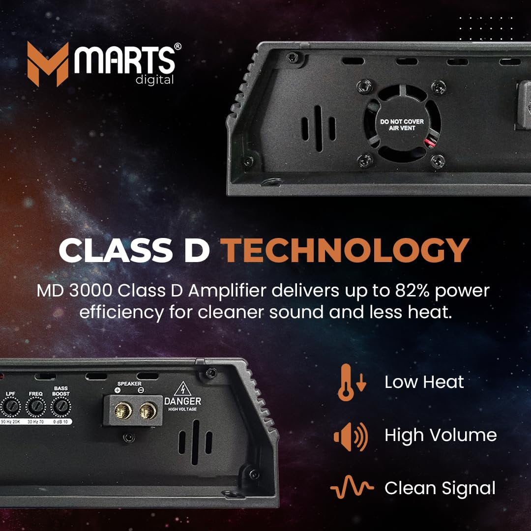 Marts Digital MD3000 | Class D Full Range 2-Ohm Car Amplifier | 3000W RMS Power with Thermal Protection Fan | RCA Input Connectivity | Adjustable HPF LPF Gain and Bass Boost