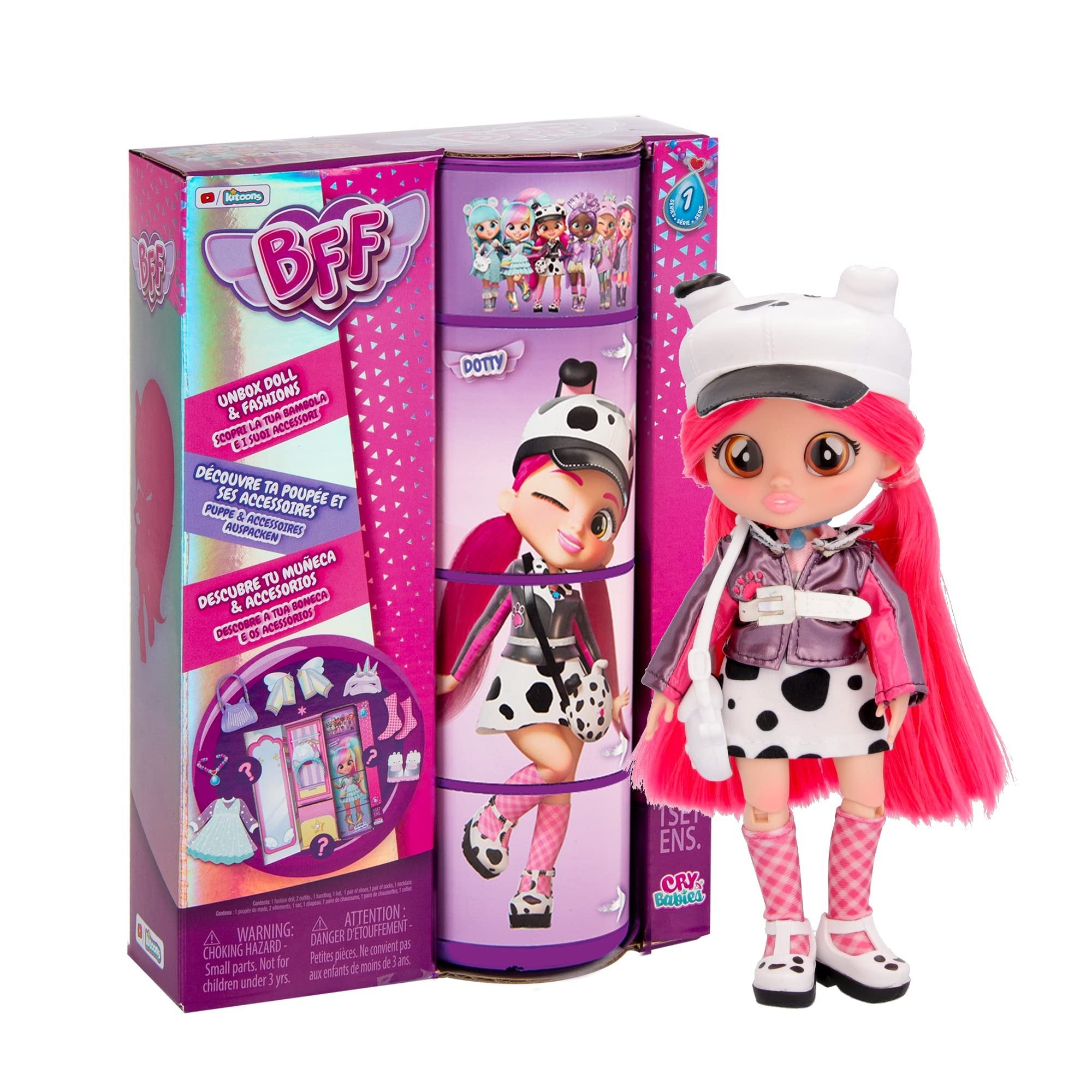 Cry Babies BFF Dotty Fashion Doll with 9+ Surprises Including Outfit and Accessories for Fashion Toy, Girls and Boys Ages 4 and Up, 7.8 Inch Doll