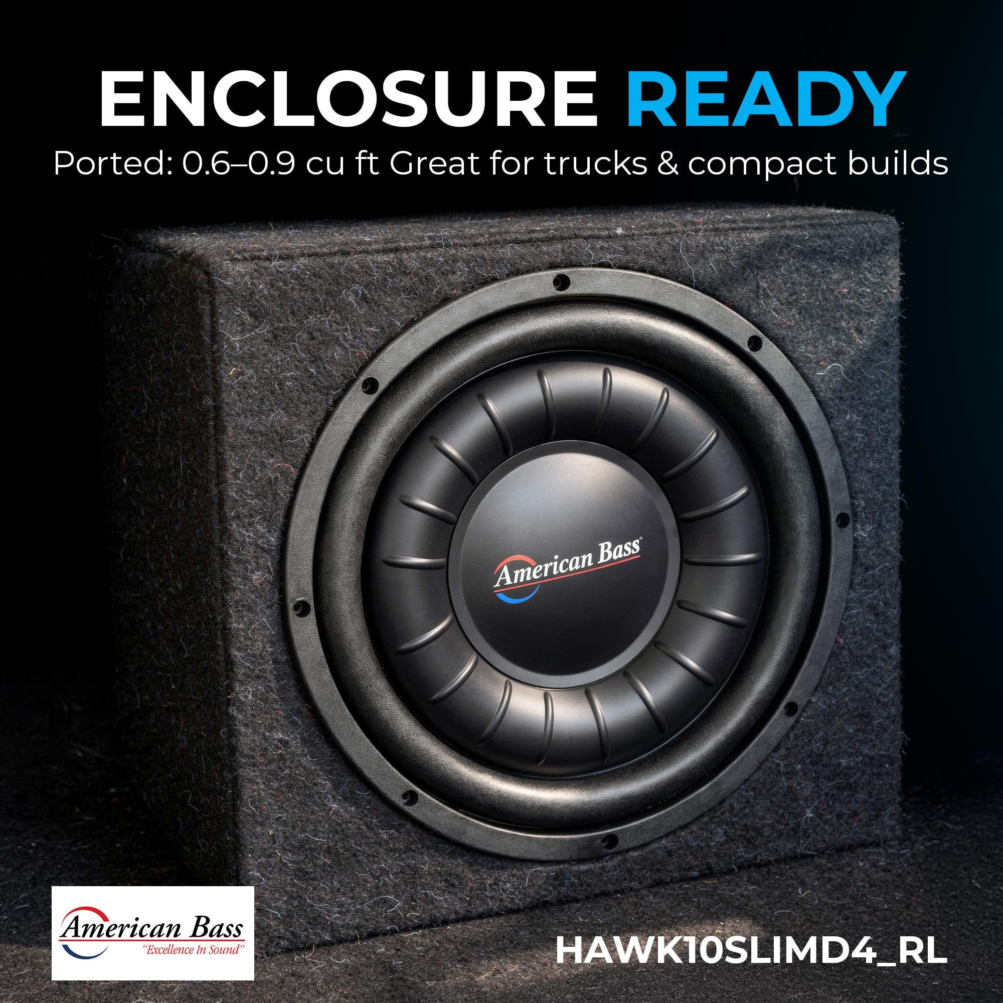 American Bass Hawk Slim 10” Subwoofer, 700W RMS / 1500W Max, Dual 4 Ohm, Shallow Mount, 2.75” Voice Coil, High Output 10in Slim Subwoofer Car Audio Driver for Tight Installs and Deep Bass