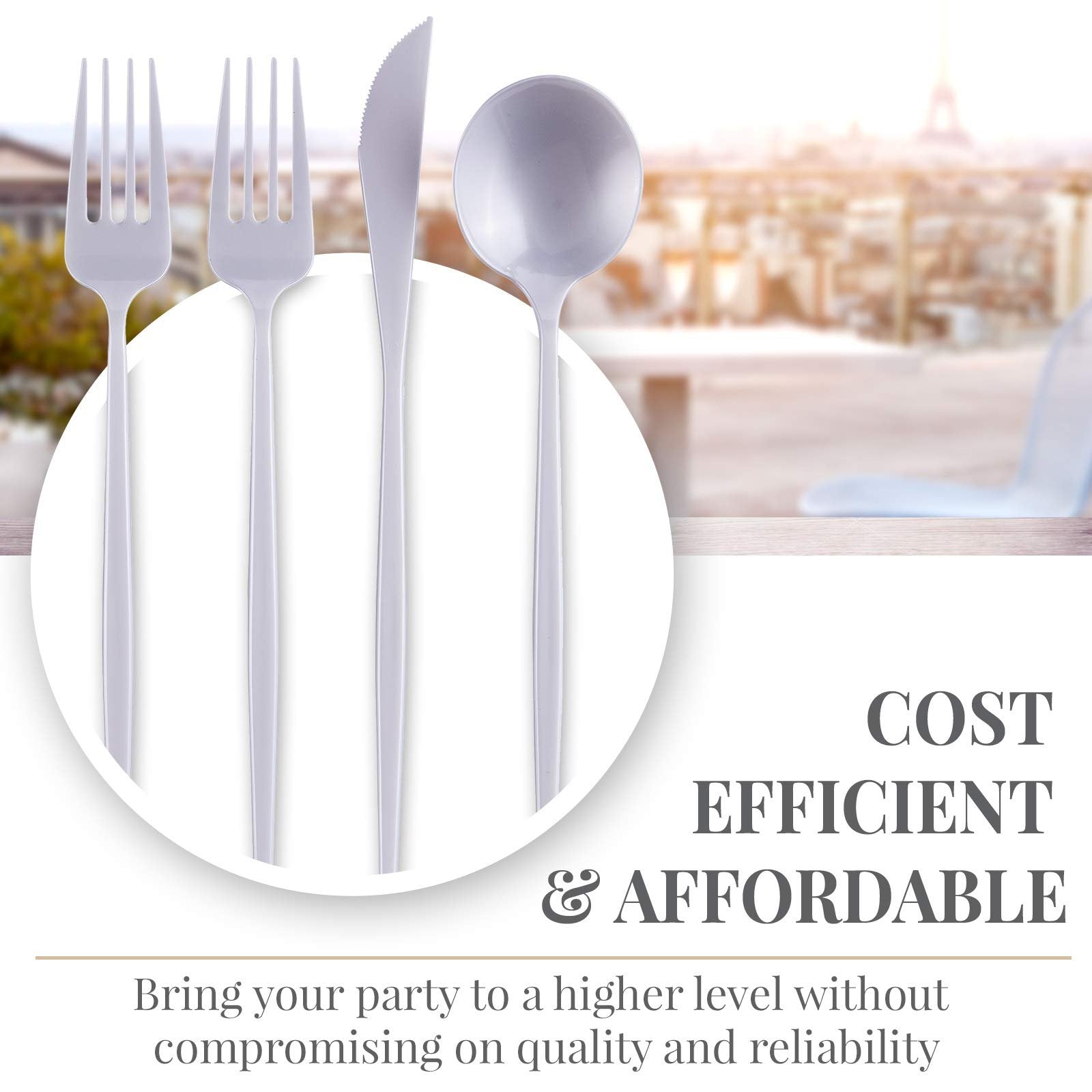 SILVER SPOONS Pearl Disposable Cutlery (80 PC) Heavy Duty Plastic Silverware Set, Includes: 40 Salad Forks, 20 Soup Spoons and 20 Dinner Knives, Disposable Flatware for Upscale Wedding and Dining