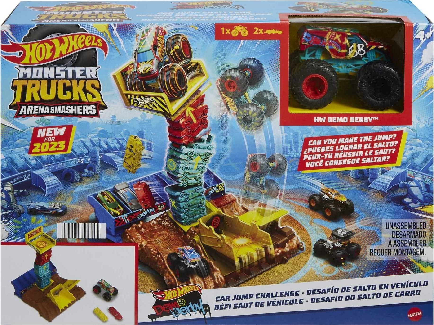Hot Wheels Monster Trucks Playset & Toy Truck, Arena Smashers Demo Derby Car Jump Challenge, 1:64 Scale Demo Derby & 2 Crushable Cars