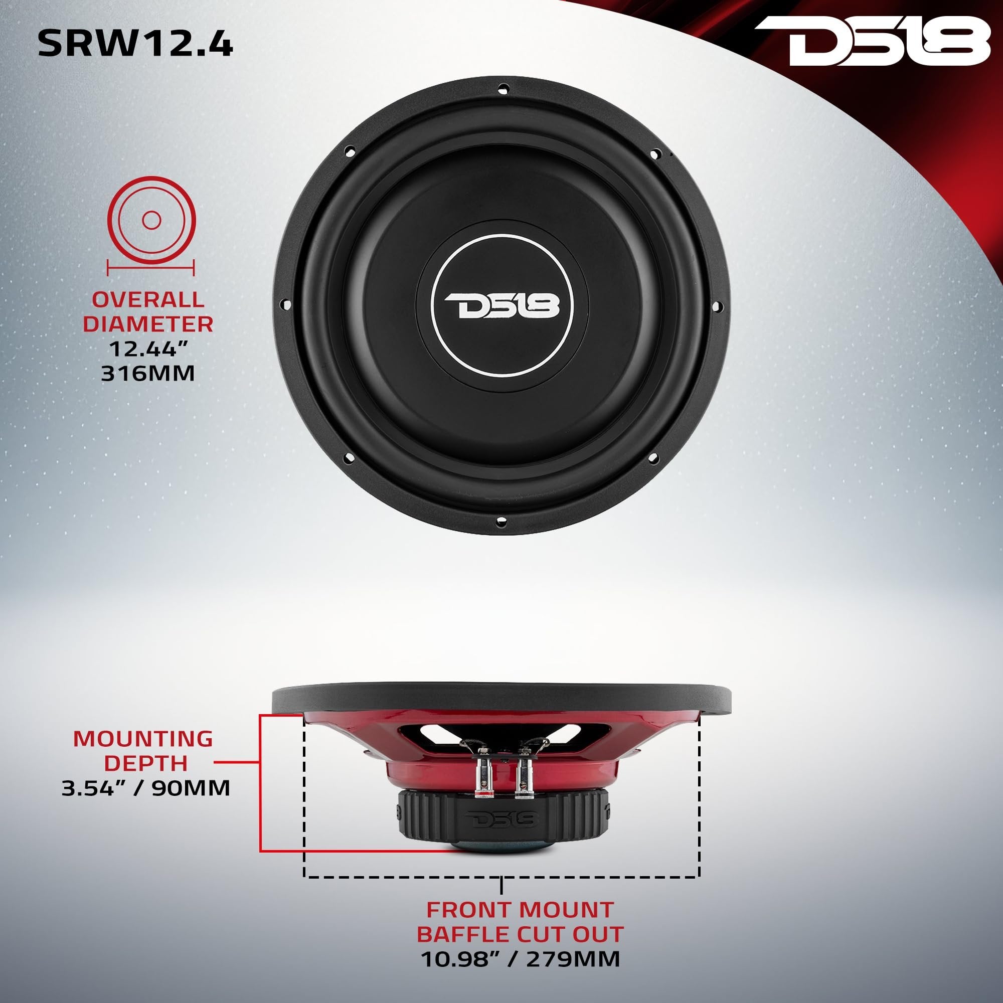 DS18 SRW12.4 Shallow Subwoofer - 12" Speaker, 440 MAX Power, 220W RMS, Rubber Edge and Paper Cone, Red Steel Basket, Voice Coil 4 Ohm Impedance