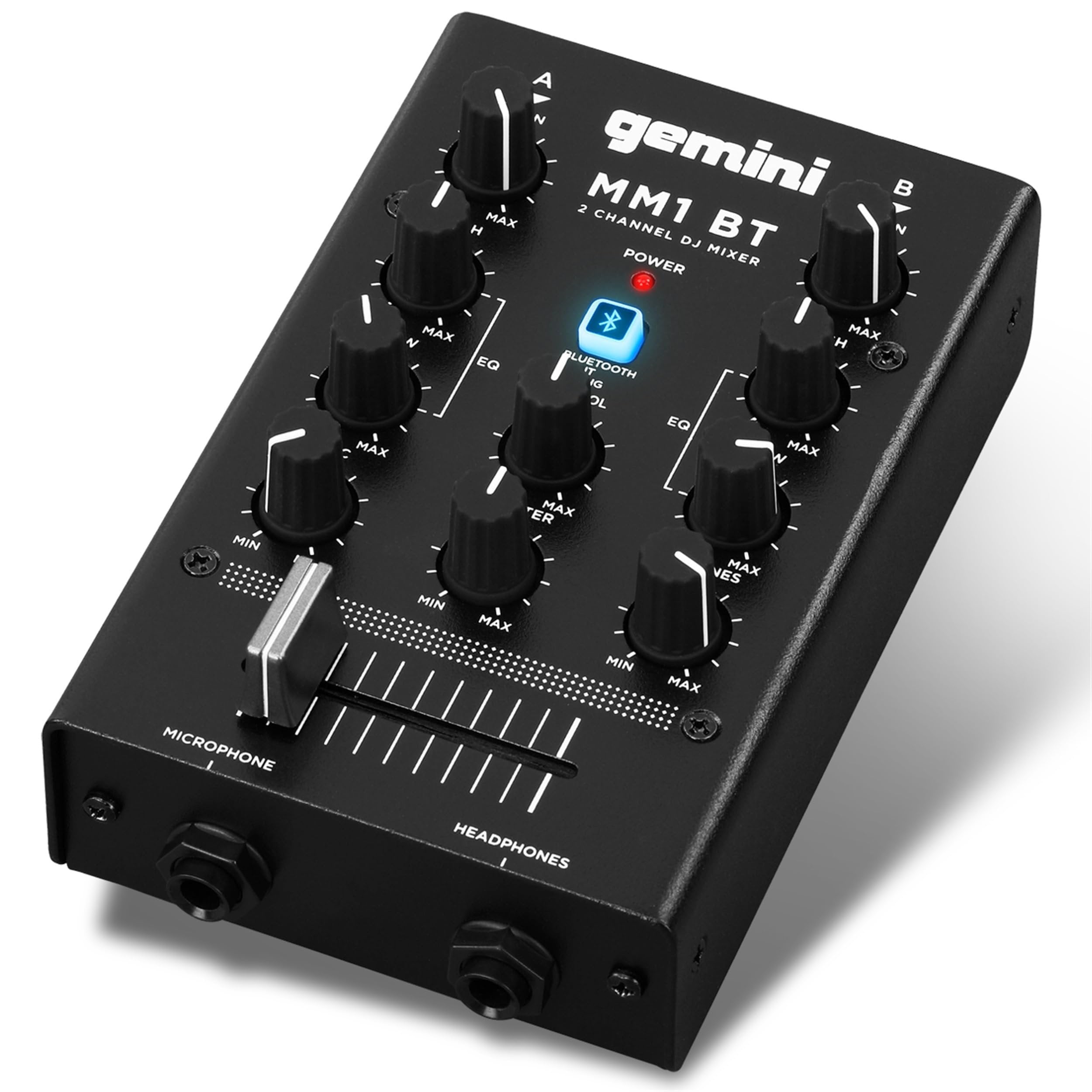 Gemini Sound MM1BT Bluetooth Professional Audio 2-Channel Dual Mic Input Stereo 2-Band Rotary Compact DJ Podcast Mixer with Cross-Fader and Individual Gain Control