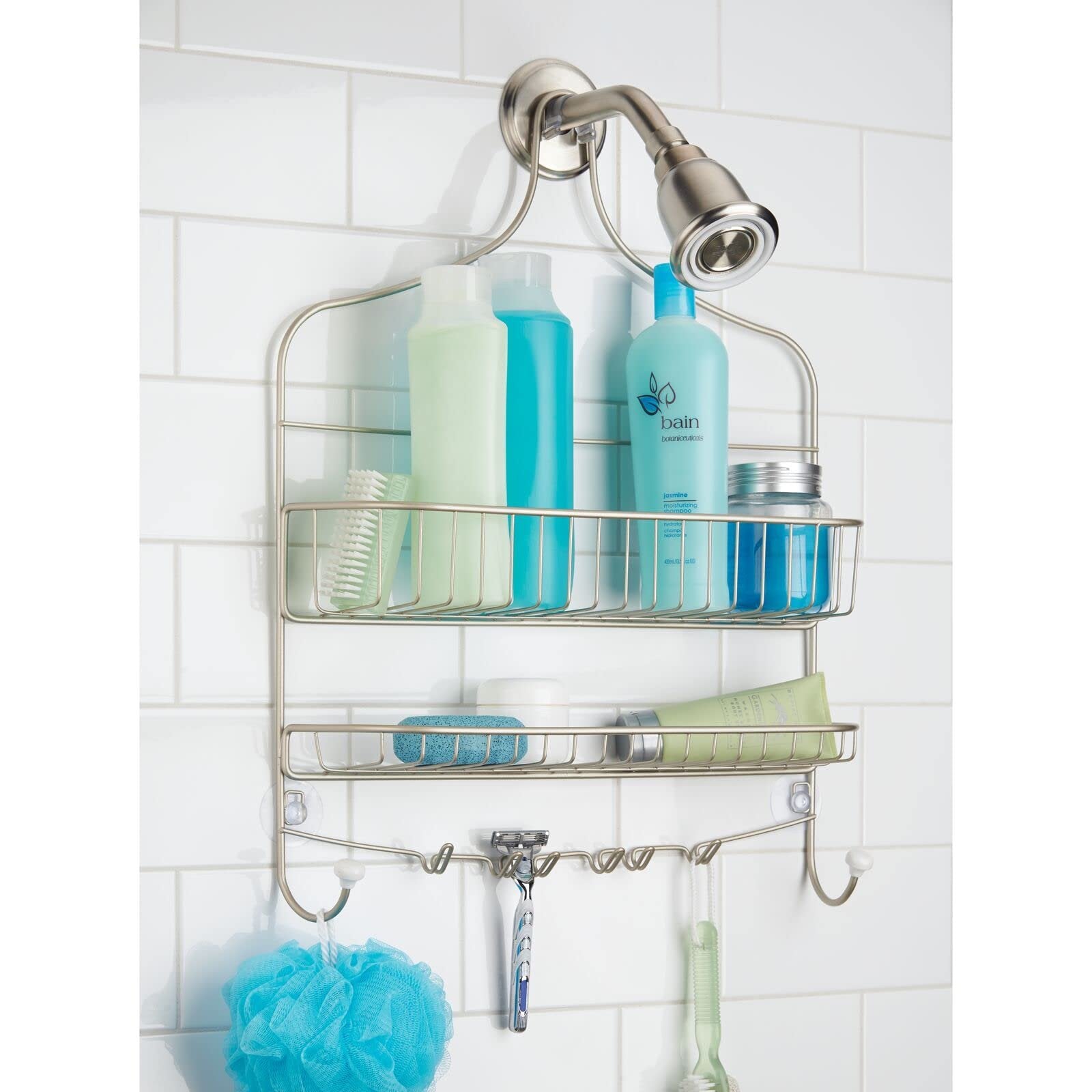 mDesign Extra Wide Metal Wire Bathroom Tub and Shower Caddy, Hanging Storage Organizer Center with Built-in Hooks and Baskets on 2 Levels, Rust Resistant - Satin