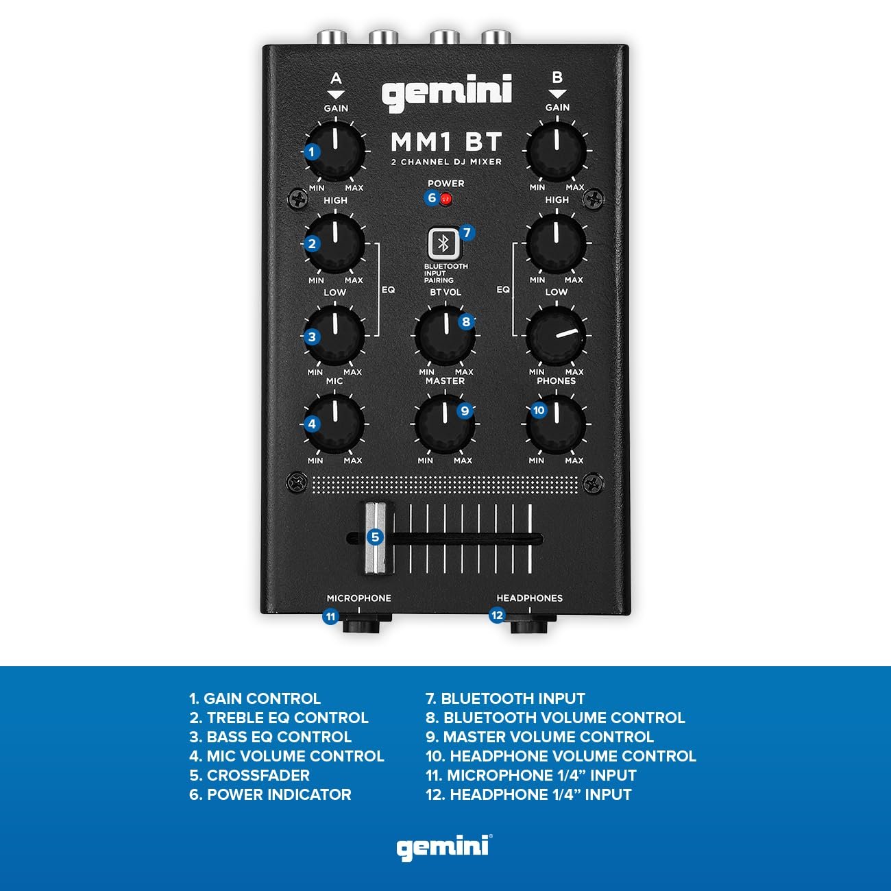 Gemini Sound MM1BT Bluetooth Professional Audio 2-Channel Dual Mic Input Stereo 2-Band Rotary Compact DJ Podcast Mixer with Cross-Fader and Individual Gain Control