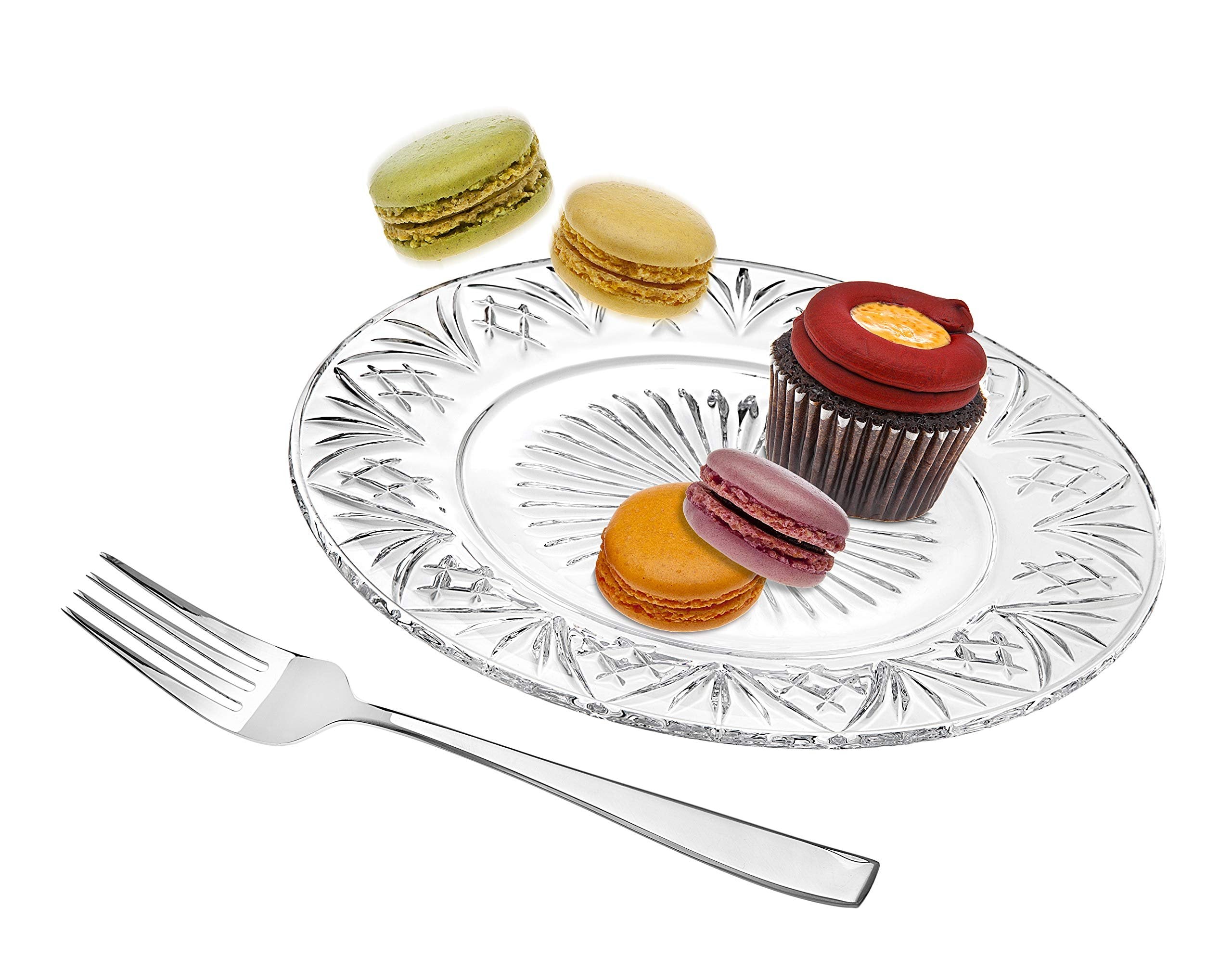 Godinger Dublin Dessert Plates and Forks, Appetizer & Salad Plates with Utensils - Set of Four - Clear Crystal, 7in