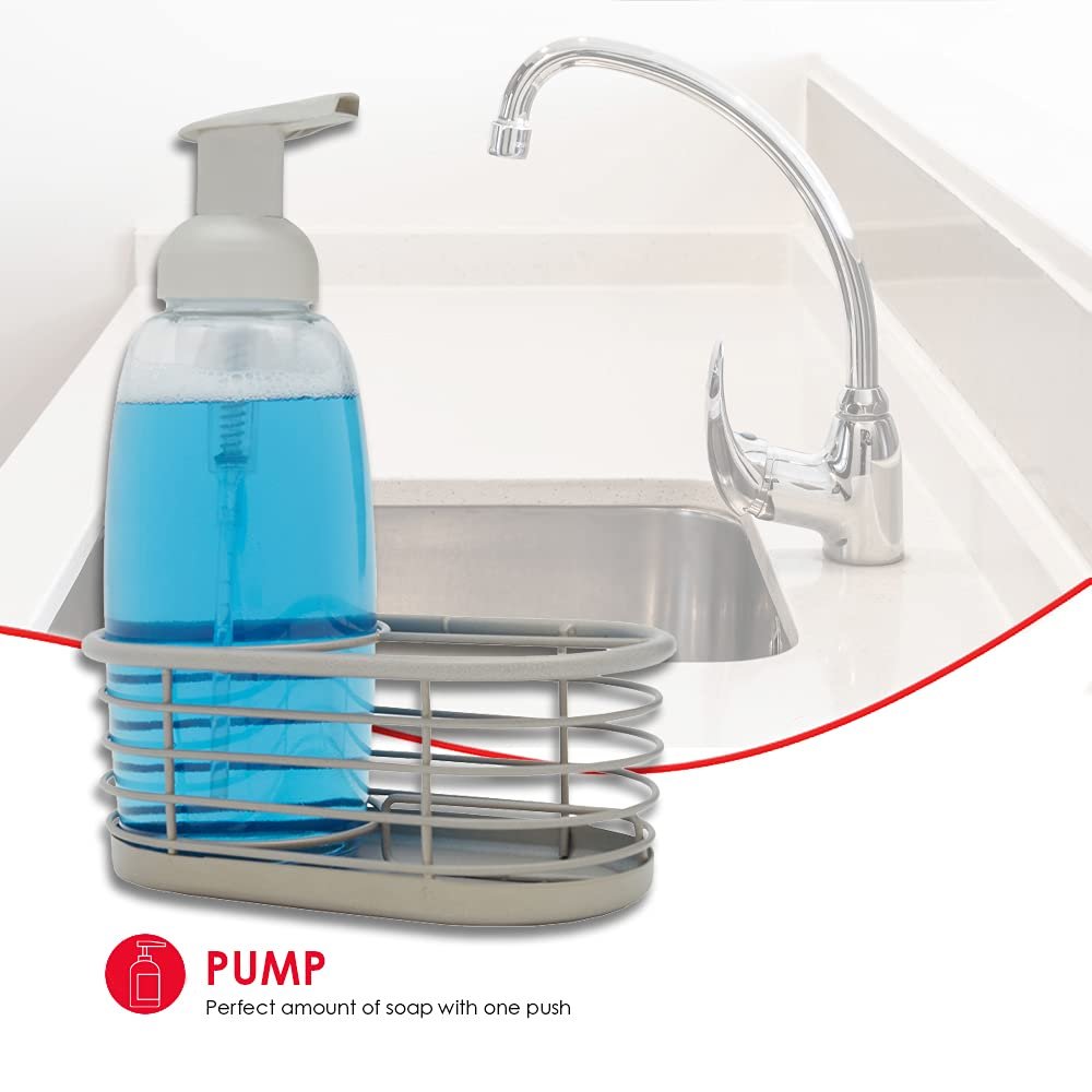 13.5 oz Capacity Refillable Plastic Bottle with Open Wire Caddy for Bathroom or Kitchen by Home Basics | Clear Soap Dispenser for Easy Refills | Storage Space for a Sponge