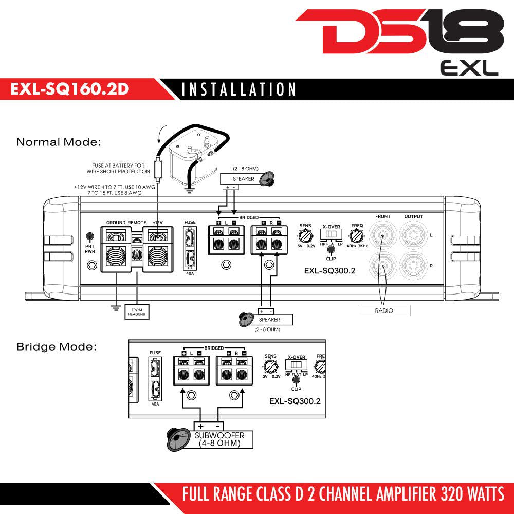 DS18 EXL-SQ160.2 Car Audio Amplifier in Black - Class D, 2 Channels, 320 Watts Max, Full Range Digital, 2-8 Ohm, Surface Mount Components - Car Audio Amp for Subwoofer and Door Speakers