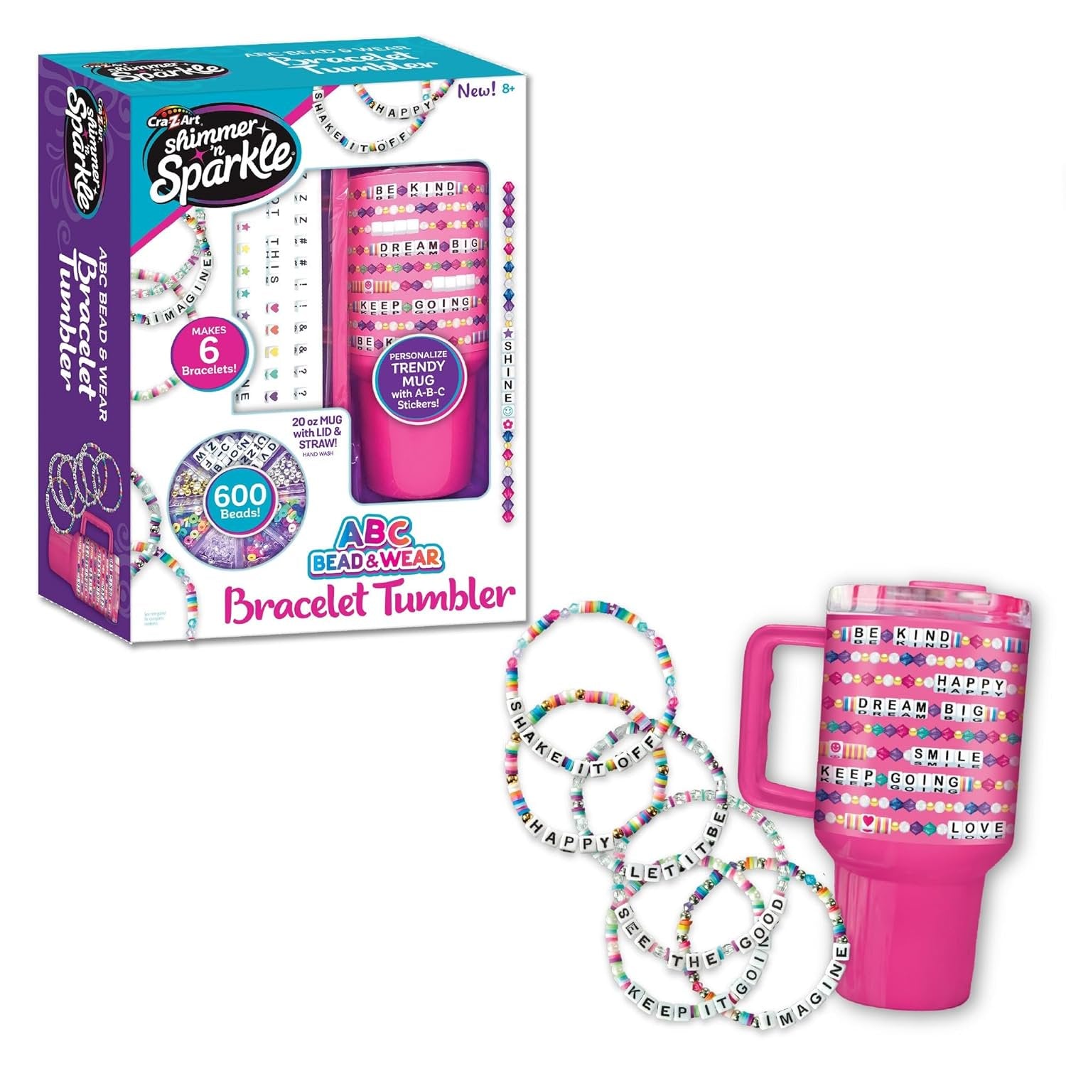 Cra-Z-Art Shimmer 'n Sparkle ABC Bead & Wear Bracelet Set with 20oz Tumbler - Make 6 Alphabet Bead Bracelets and Decorate Your 20oz Tumbler with Sticker Alphabet Beads - Kids Water Bottle for School