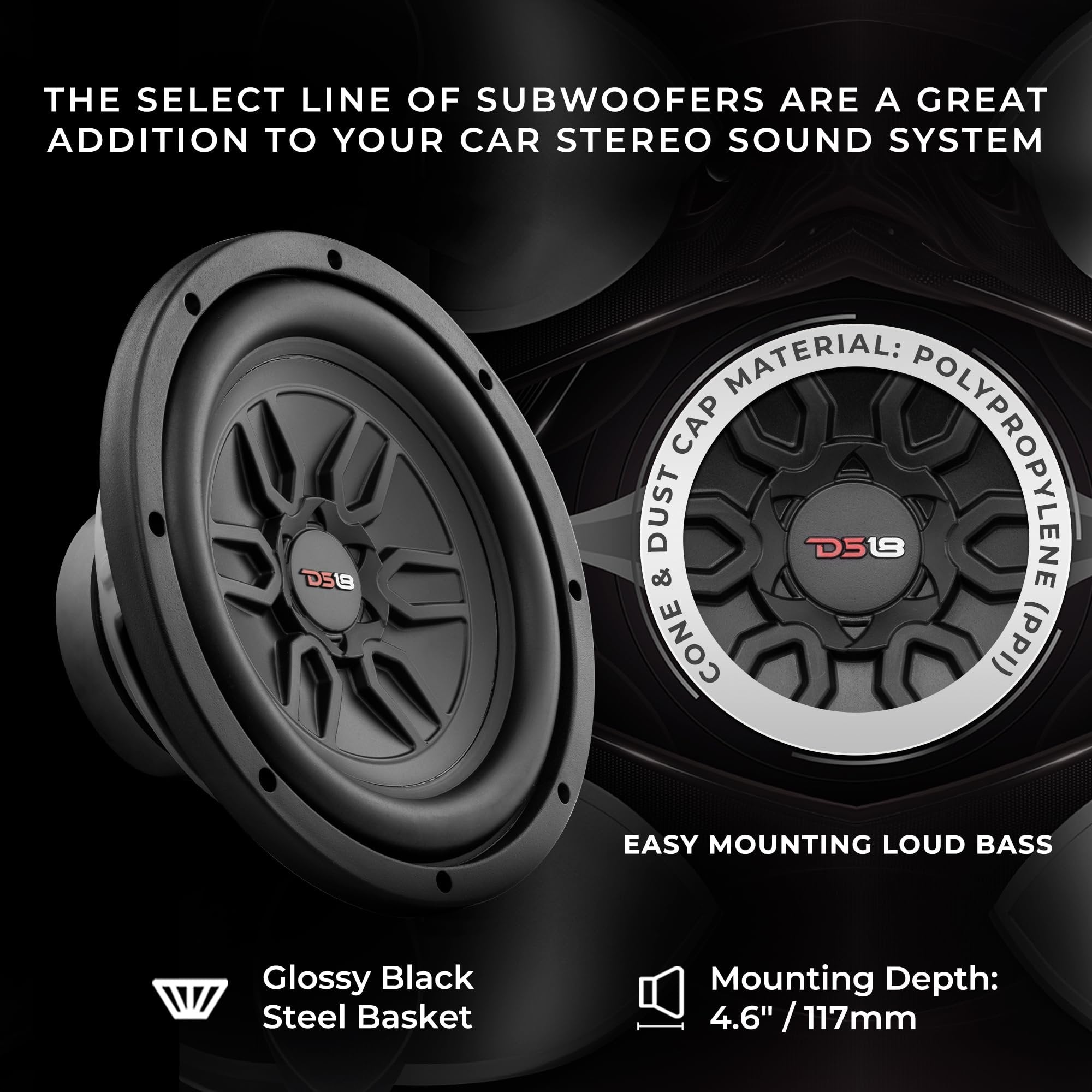 DS18 SLC-MD10 Car Subwoofer Audio Speaker - 10" in. Polypropylene Cone, Black Steel Basket, Dual Voice Coil 4 Ohm Impedance, 800W Max Power and 200W Rms Power, for Vehicle Stereo Sound (1 Speaker)